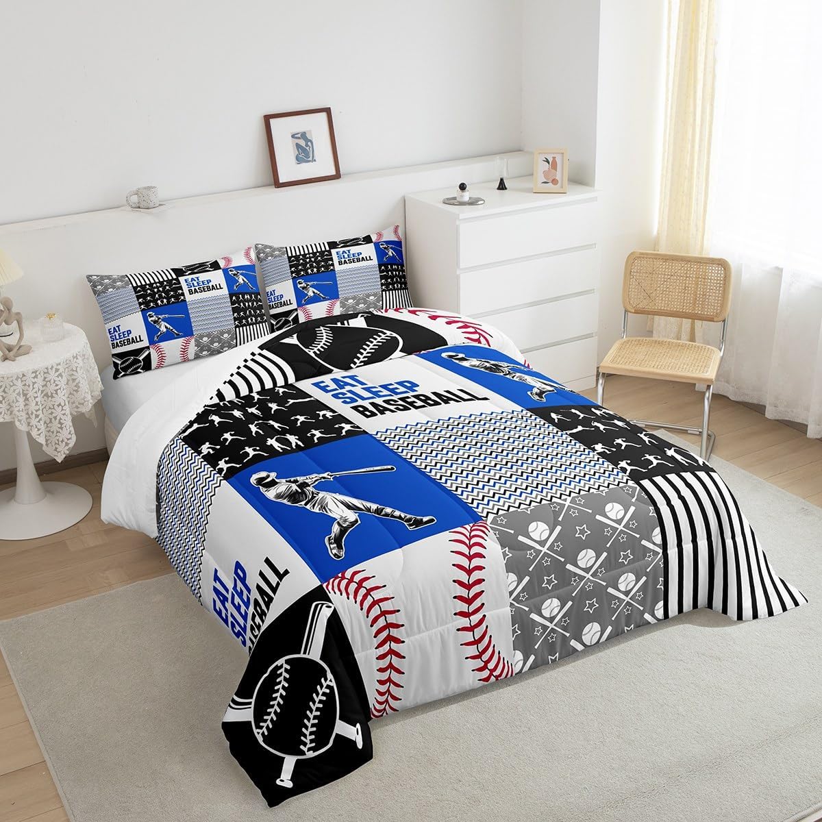 Erosebridal Baseball Comforter Set - Boys Sports Bedding Ball Bat Balls Quilt Set,Sports Duvet Insert and 2 Pillowcases - Warm, Game-Themed Kids Gift Bedroom Decor