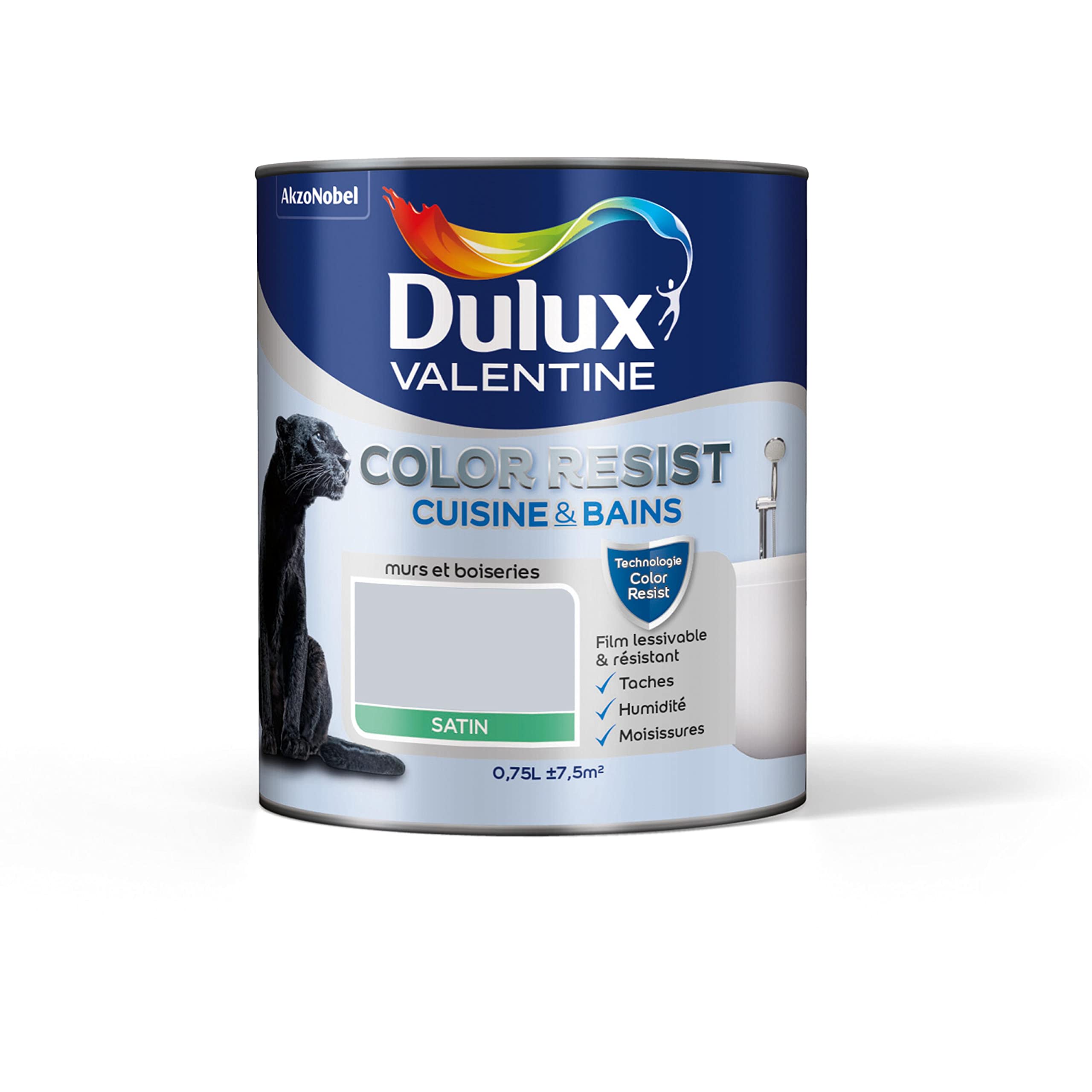 Dulux Valentine Color Resist - Peinture Intérieure Pièces Humides - Pour Murs, Plafonds, Boiseries - Lessivable et Résistante - Couleur : Gris Hammam Satin - 0,​75 L - 5261804