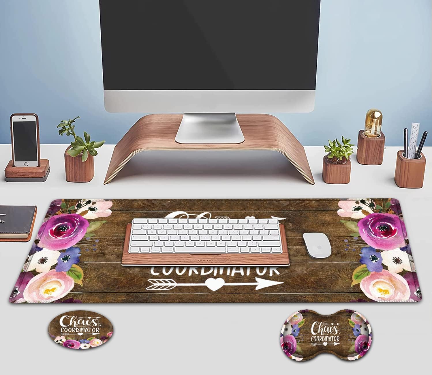 Large Mouse Pad, Extended Office Desk Pad, 31.5x11.8in, Ergonomic Memory Foam Mouse Wrist Rest for Home Office Computer Writing Pad Chaos Coordinator Quotes Watercolor Floral XXL Gaming Mouse Mat