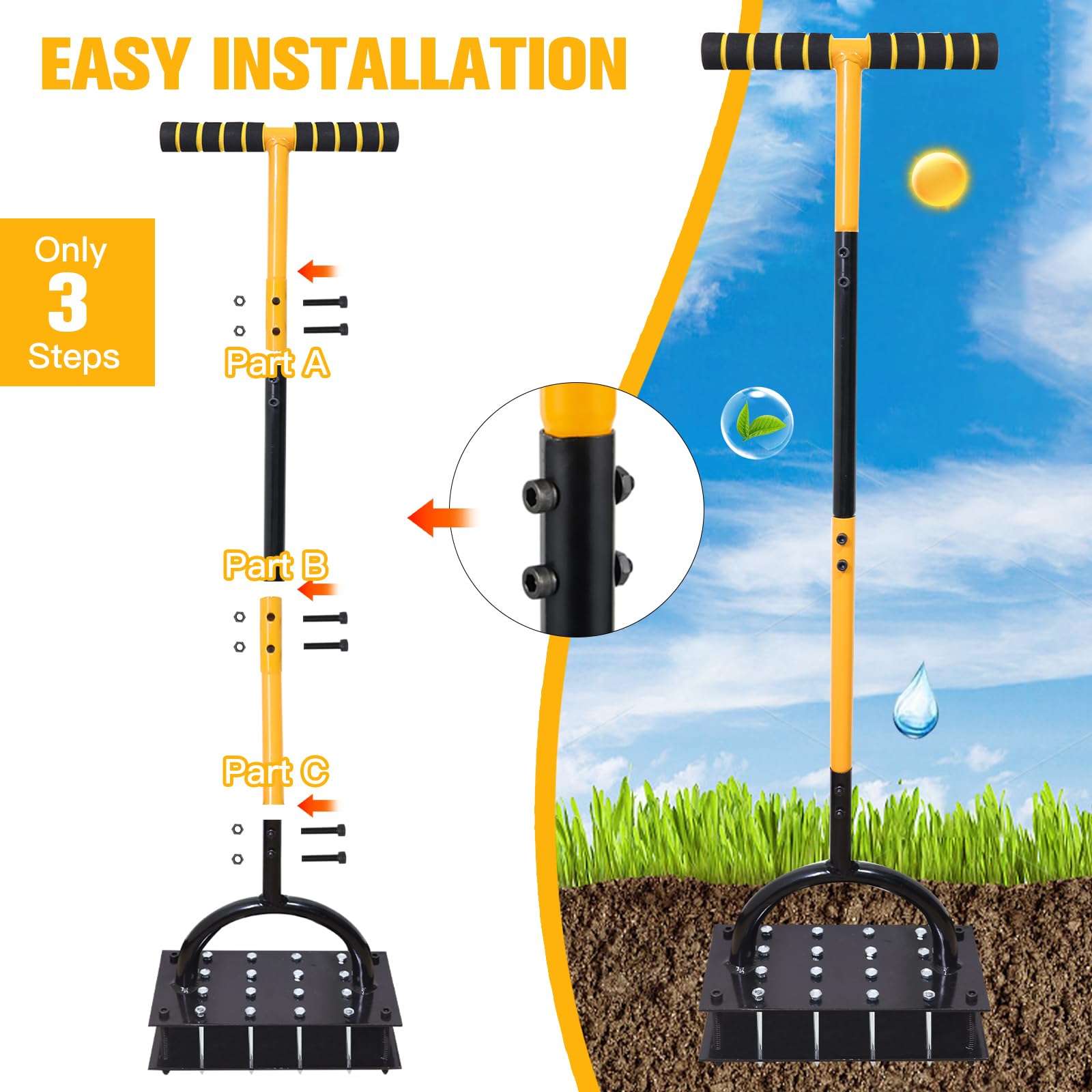 ROCKY&CHAO Aeratore per prato – Dispositivo di ventilazione manuale per prato con doppia piastra, 16 punte e 4 molle, manico a T per pavimenti compressi, giardino e prato