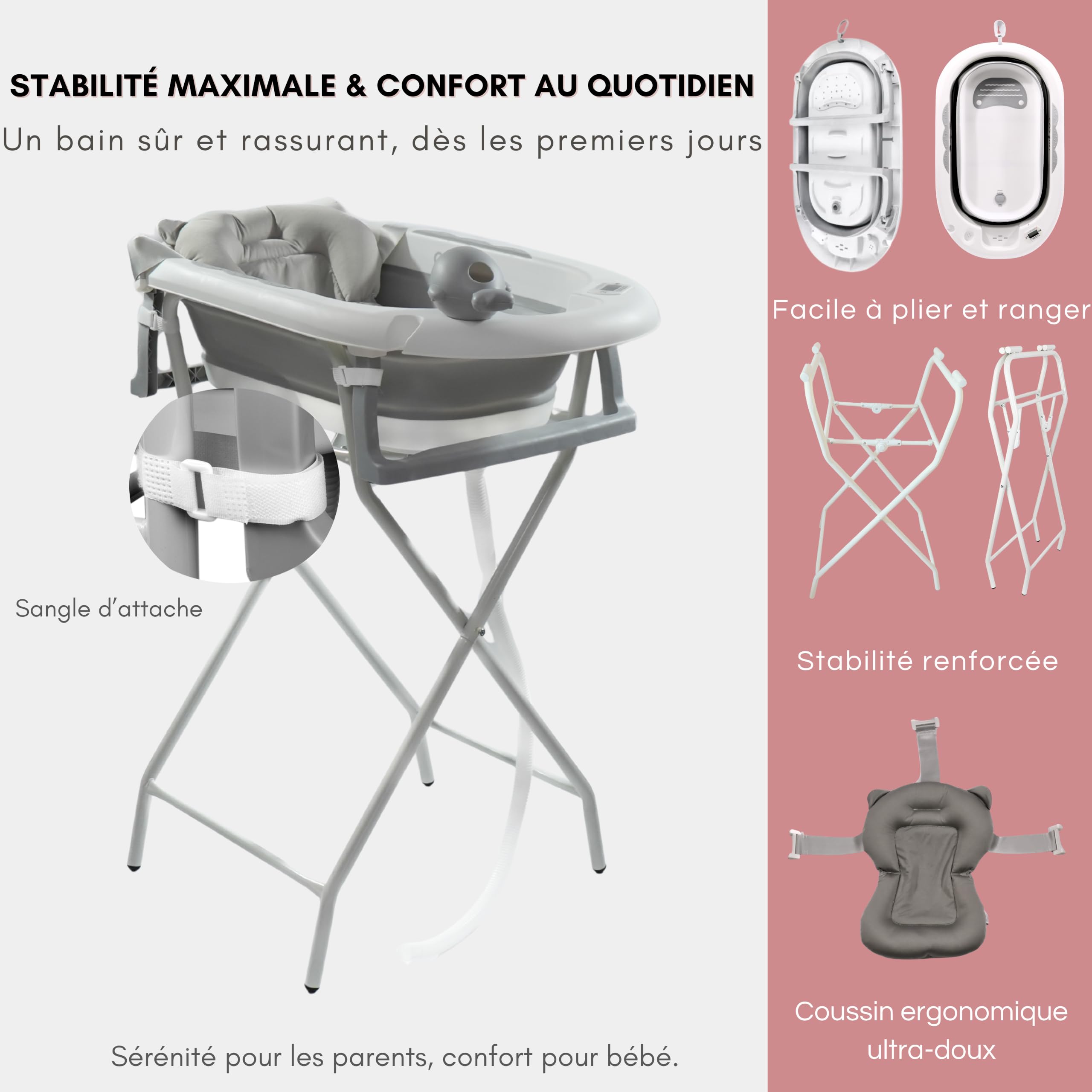 Baignoire Pliable Bébé sur Pied 9 en 1 - Kit de Bain Complet avec Support Stable