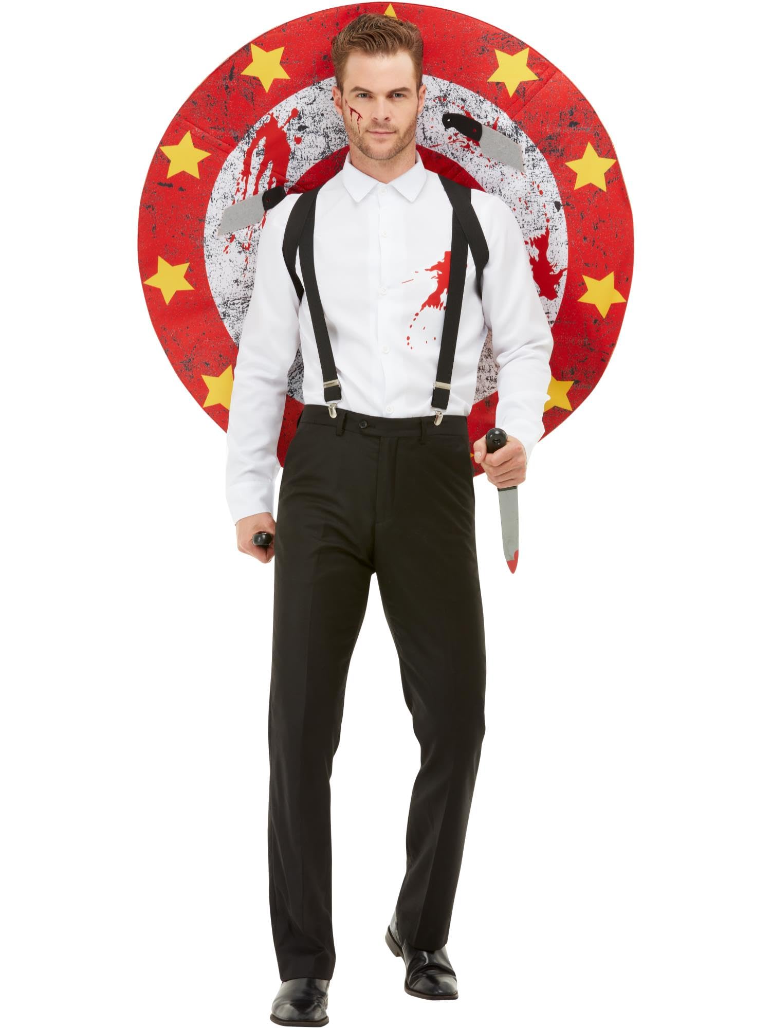 SMIFFYS Costume Deluxe da Lanciatore di Coltelli, rosso e bianco con camicia, bretelle, bersaglio e coltelli, costume da circo, costumi da giullare