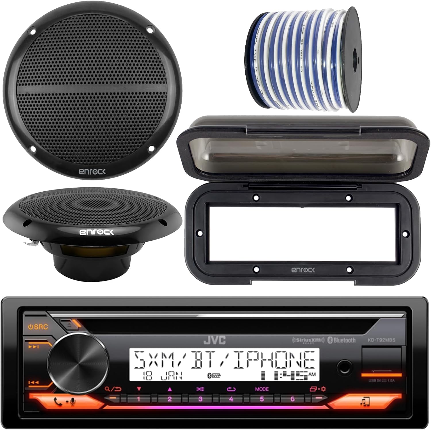 JVC KD-T92MBS Single DIN Marine Motorsports Bluetooth AM/FM USB AUX CD Player Stereo Receiver, 6.5" 90 Watt Peak Power Full-Range Black Stereo Speakers (Pair), Radio Cover, 50 ft Speaker Wire