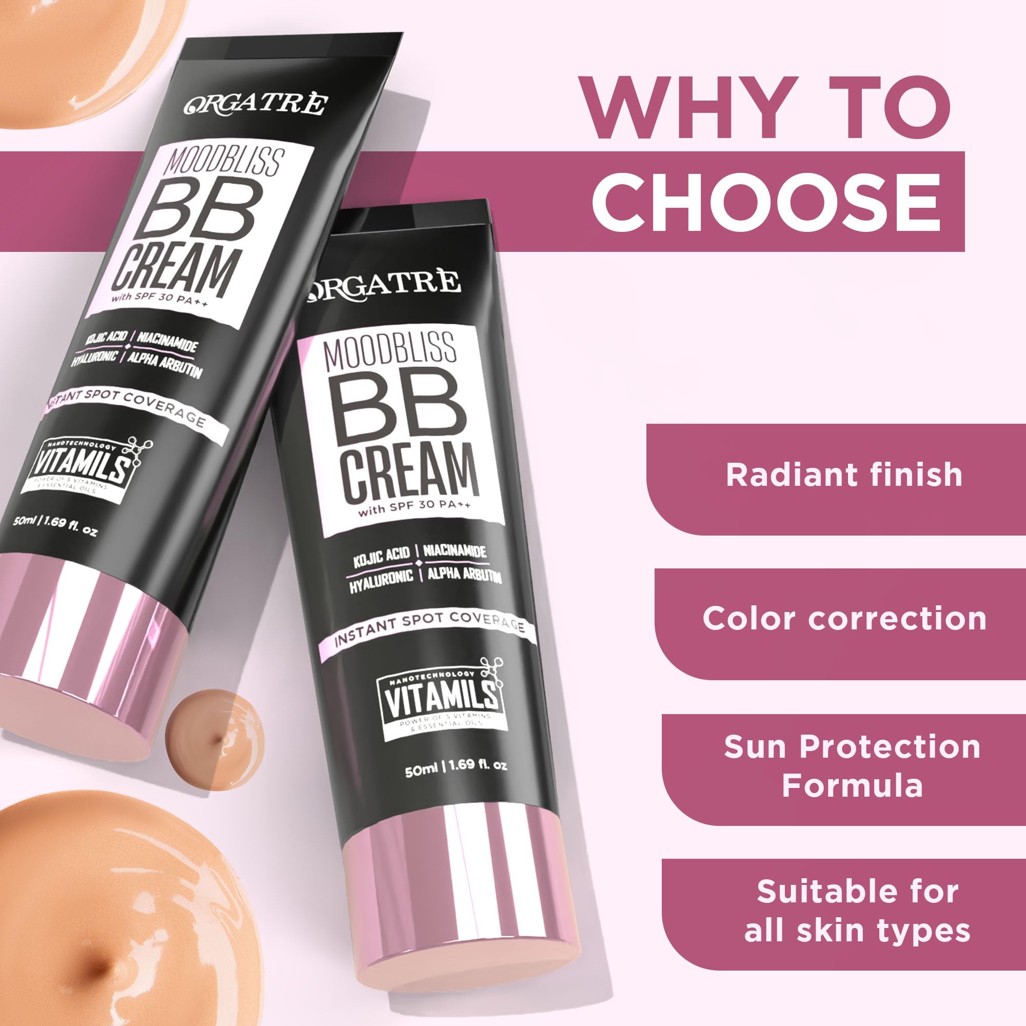 ORGATRE MoodBliss BB Cream 50gm | Instant Spot Coverage with SPF 30 PA++ | Light Makeup Glow for All Skin Types | Kojic Acid & Niacinamide - Image 4 thumbnail