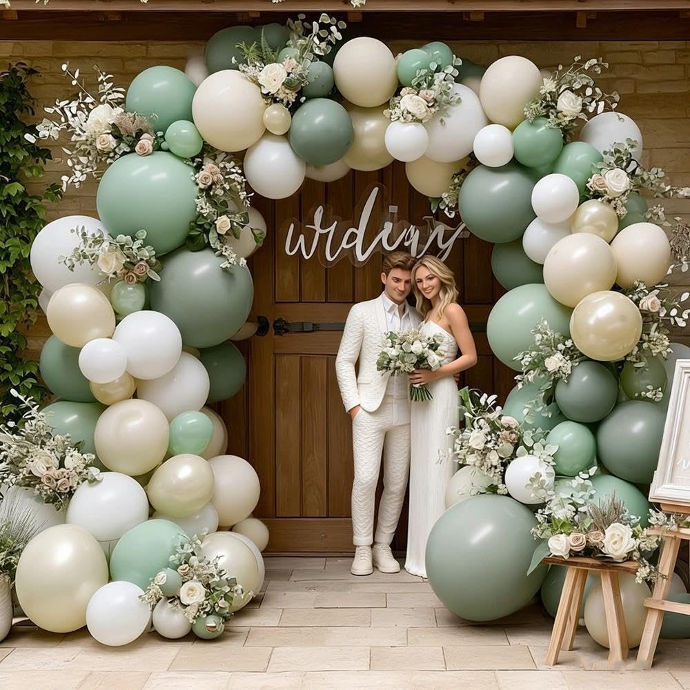 Sage Green White Balloon Garland, Double Stuffed Dusty Green Sand White Pearl Balloons Pastel Balloon Arch Kit for Baby Shower Birthday Bridal Wedding Gender Reveal Graduation Party Decorations