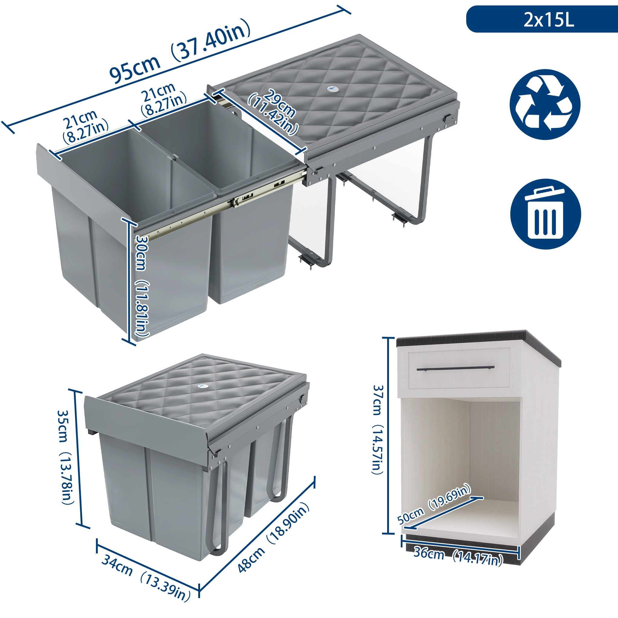 FIVMEN Poubelle de cuisine encastrable à 2 compartiments extensibles avec rails télescopiques, système de tri sélectif, gris, 2 x 15 l