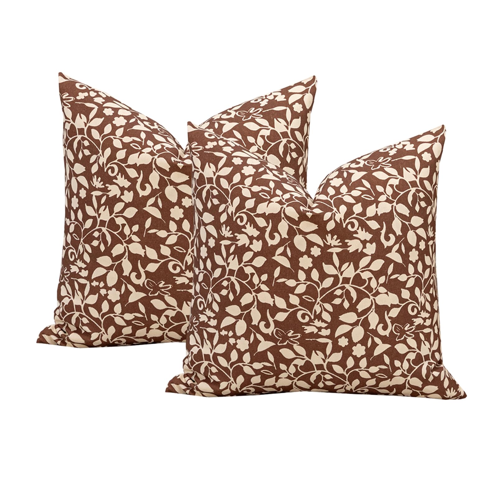 Vfuty Set of 2 Floral Print Pillow Covers 20x20 - Farmhouse Boho Brown Cotton Cushion Cases for Sofa, Bed, Living Room Rusitc Home Decor