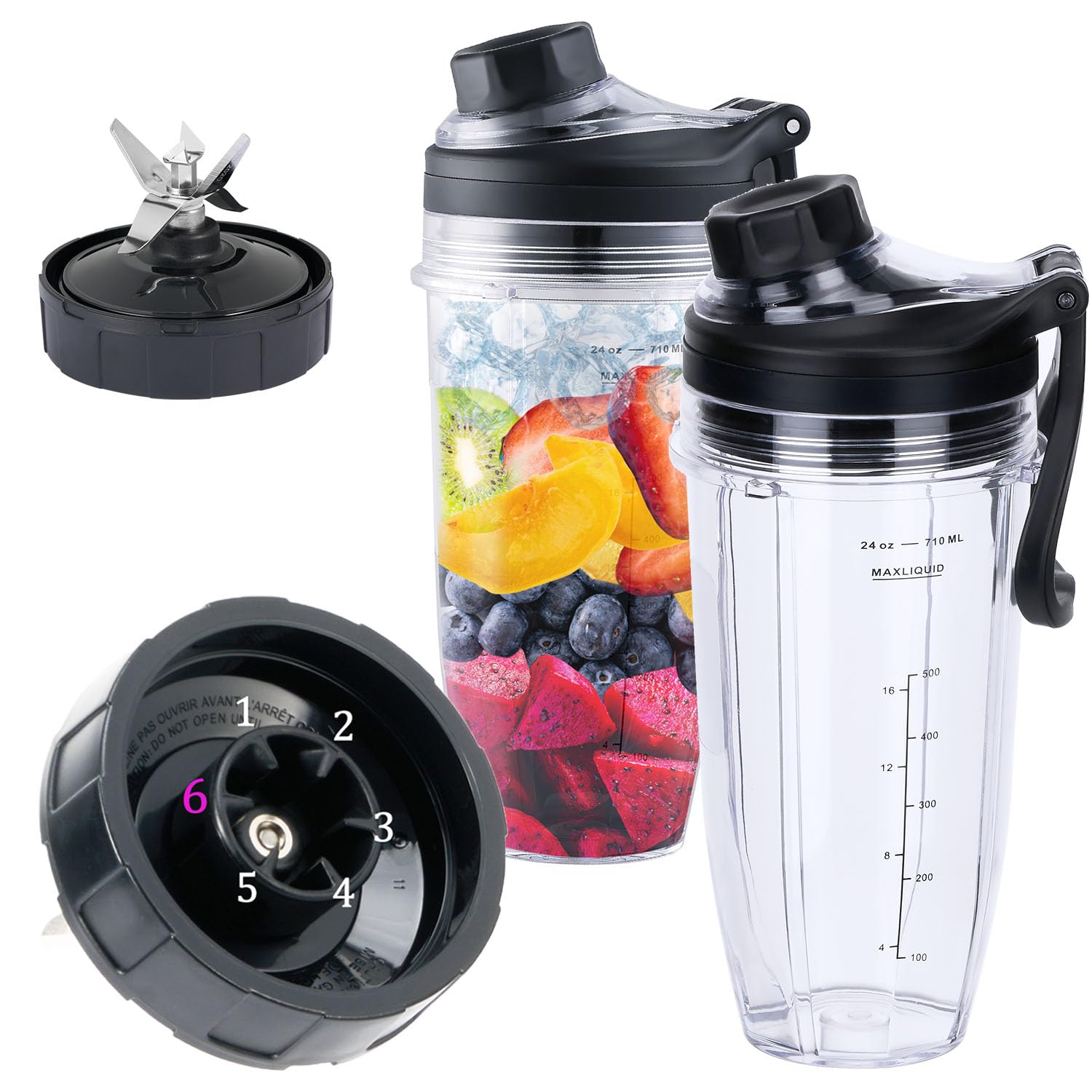Replacement 6 Fins Female Blender Blade and 2 Cups with New handle Lids, Compatible with Ninja Auto iQ Blenders. 4Inch Female Fins ONLY