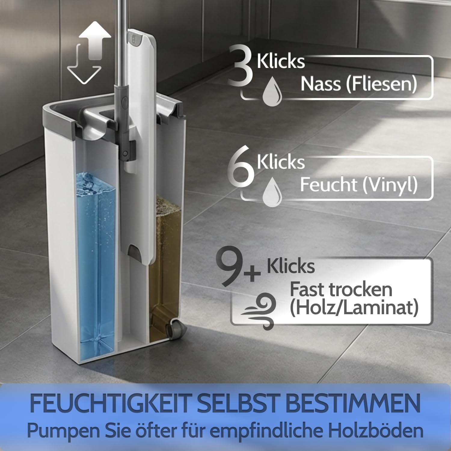Allyson® Wischmopp Set mit Eimer, Auswringer, Haarentferner, inkl. 15 Mops | 3-Kammer-System für Wischen, Spülen & Trocknen, ohne Bücken & nasse Hände, gummierter Griff, für Fliesen & Laminat