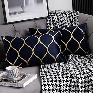 DEZENE Gold Velvet Throw Pillow Covers Navy: 2 Pack 12x20 Inch Rectangular Decorative Pillow Cases for Bedroom Sofa Couch ...