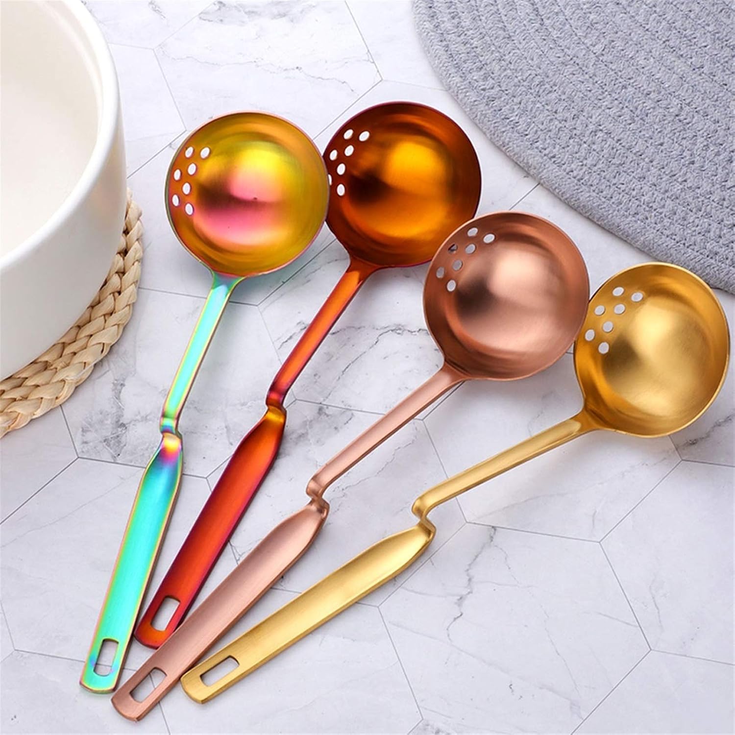Leaky Spoon 2 in 1 Skimmer Spoons Soup Ladle Premium Stainless Steel Colander Kitchen Multifunctional Cooking Utensils with Hook Handle for Skimming Strainer Colander (Color : C)