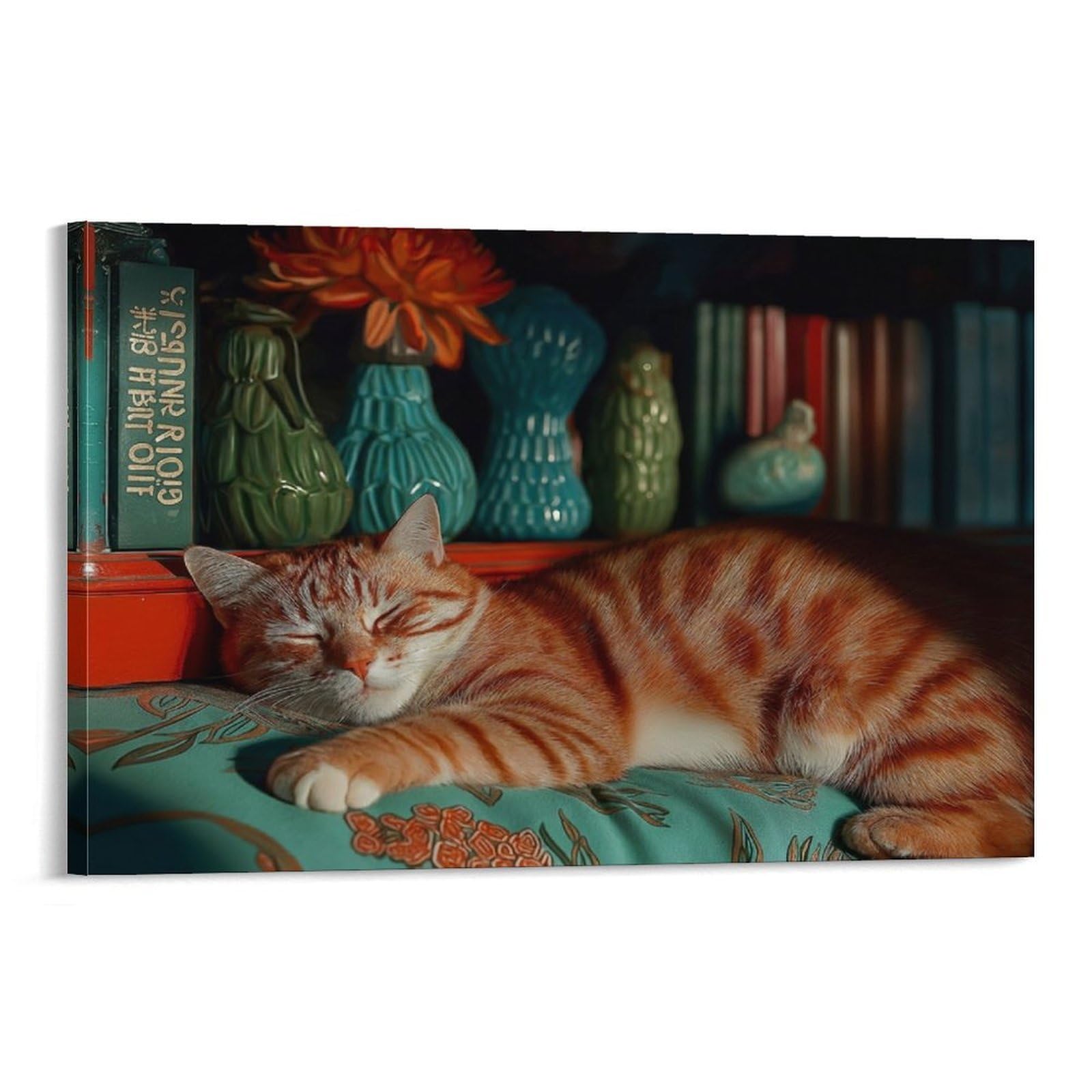 CPLVKWRQJ Sleeping Orange Cat Individual Ginger Tabby Napping Bookshelf Decor Framed Canvas Art - Office Wall Decor Multi-Purpose Fade Resistant Statement Piece 20x30inch(50x75cm)