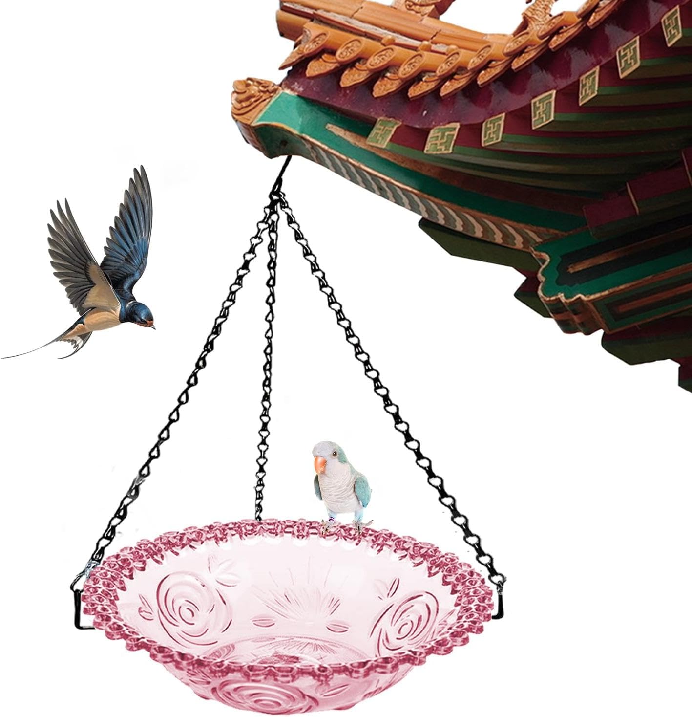 Hanging Bird Bath - Bird Drinking Feeder | Hangable Glass Bird Bath | Outdoor Wildbird Dish Feeder | Hummingbird Glass Baths Bird Feeder Water Bowl for Garden Yard Patio Decor, Red