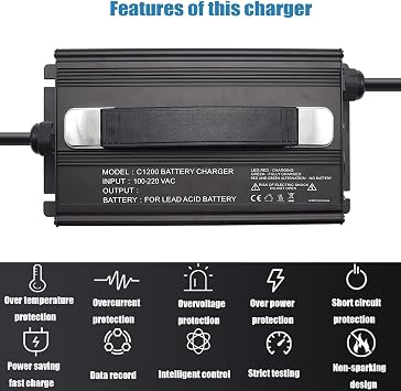 36V 25A High Power Battery Charger 1200W Lead Acid Battery Charger Suitable for Electric Vehicles, Electric Forklifts, Electric Boats,A1/xt60