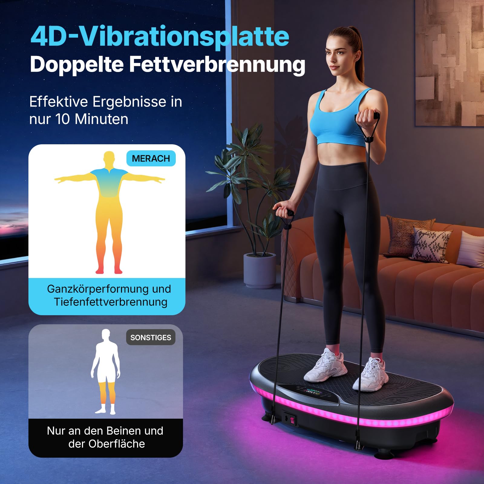 MERACH 4D Vibrationsplatte mit 7 Vibrationsmodi, 120 Geschwindigkeitsstufen, 5 Intelligenten Programmen, Integriertem Bluetooth-Lautsprecher und Umgebungslicht