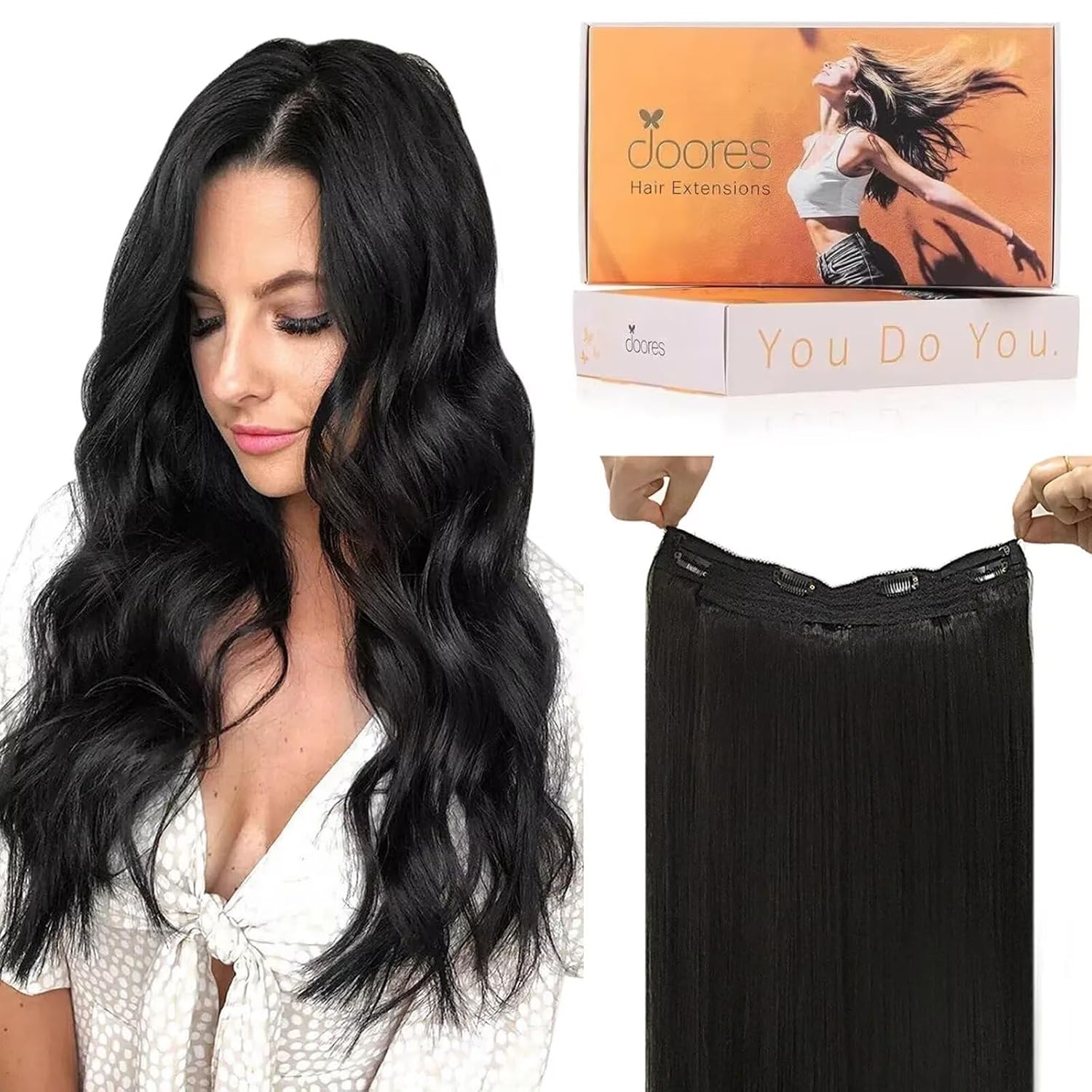 DOORES Human Hair Extensions Wire Hair, Natural Black 120g 22 Inch, Straight Hair Extensions Invisible Hairpiece Remy Wire Extensions Natural with Transparent Fish Line