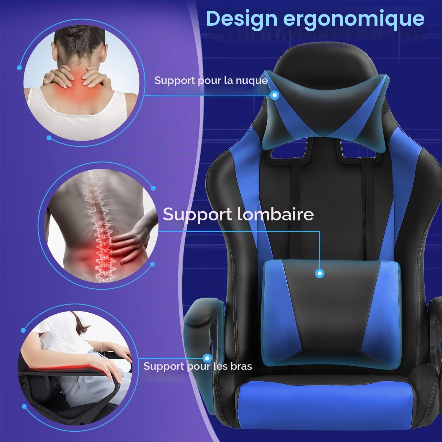 BestOffice Chaise Gaming,Ergonomique Fauteuil Gaming,Chaise Gamer avec Coussin Lombaire et Appui-tête, Siege Gaming Hauteur Réglable, Siège Gamer Bleu