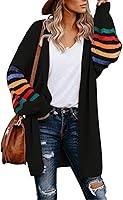 Dokotoo Women's Long Open Front Cardigan Sweater Striped Color Block Loose Knit Outwear for Fall Winter