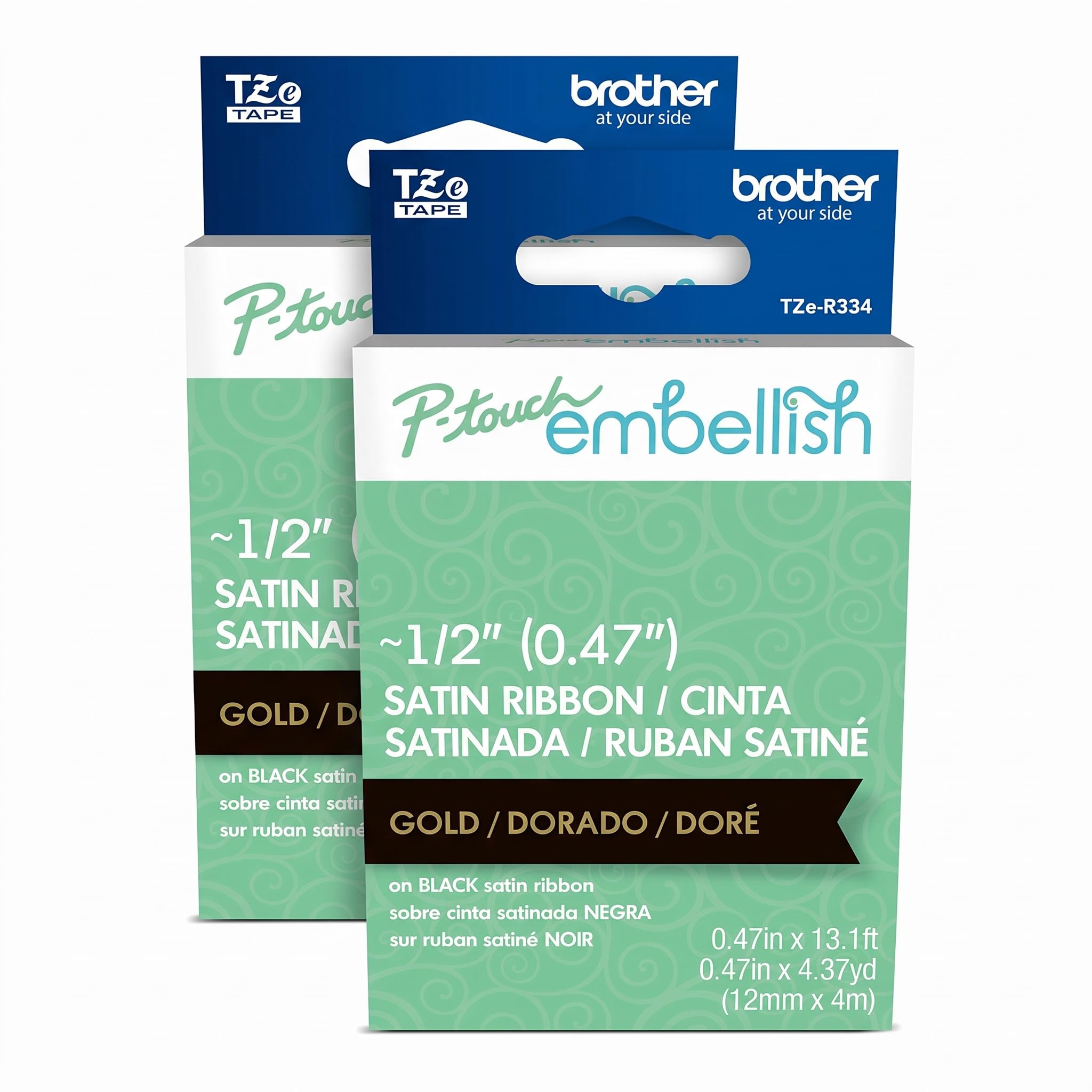 Brother P-Touch Embellish Gold Print on Black Satin Ribbon TZER334 - ~½” Wide x 13.1’ Long for use with P-Touch Embellish Ribbon &amp; Tape Printer (Pack of 2)