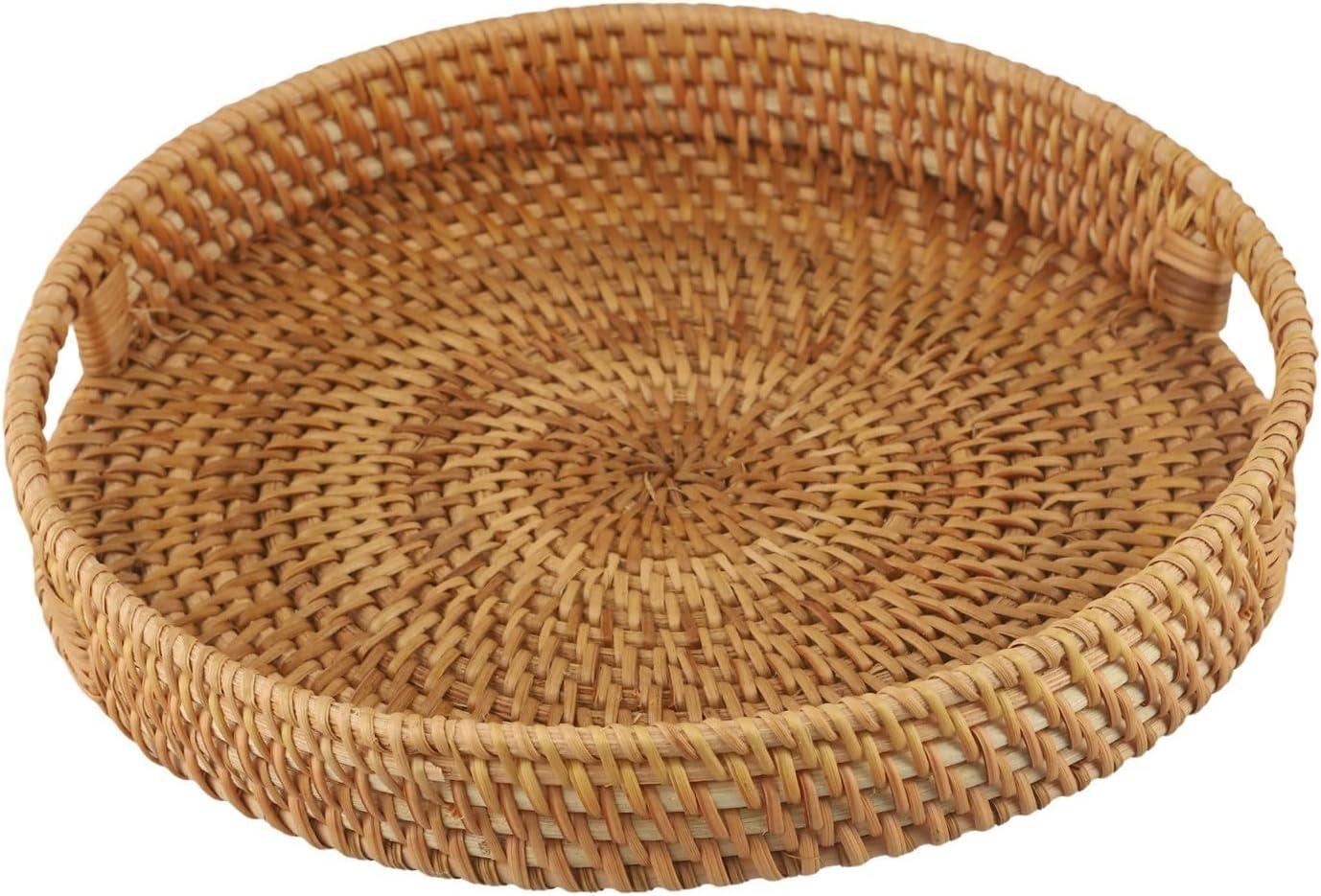 Rattan Woven Tray Multi-functional Storage Organizer Round Design for Ottoman Coffee Side Table Countertop(35CM)