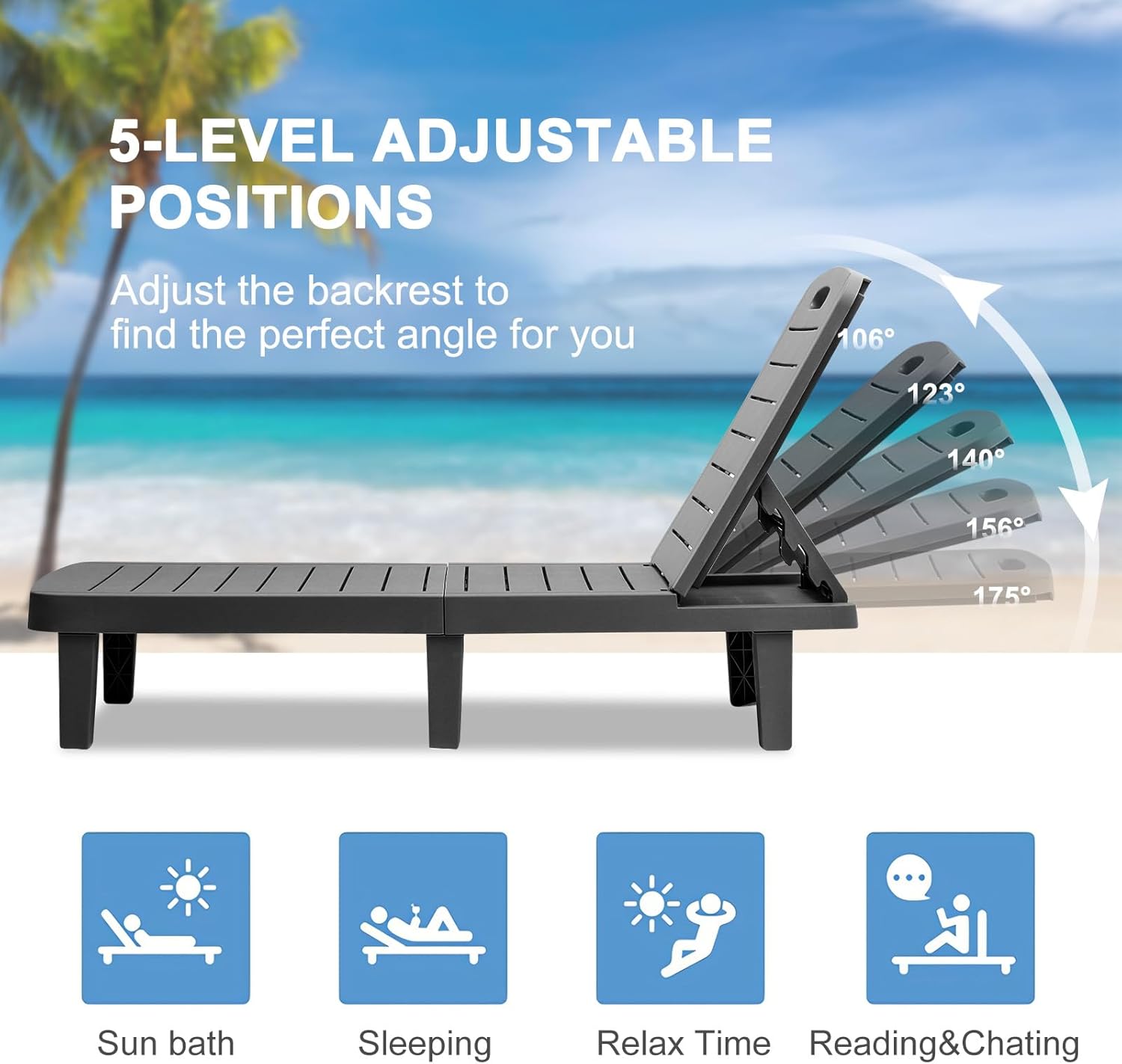 Outdoor Chaise Lounge Set of 2, Waterproof Resin Lounge Chairs for Outside w/Adjustable 5 Positions All Weather Recliner Chair for Patio, Poolside, Beach, Yard,Black, BY003-PP-BK-2-GWREA