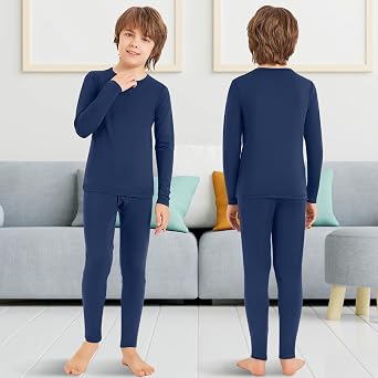Silkfly 2 Sets Boys Thermal Underwear Fleece Lined Compression Shirt Leggings Pants Kids Base Layer
