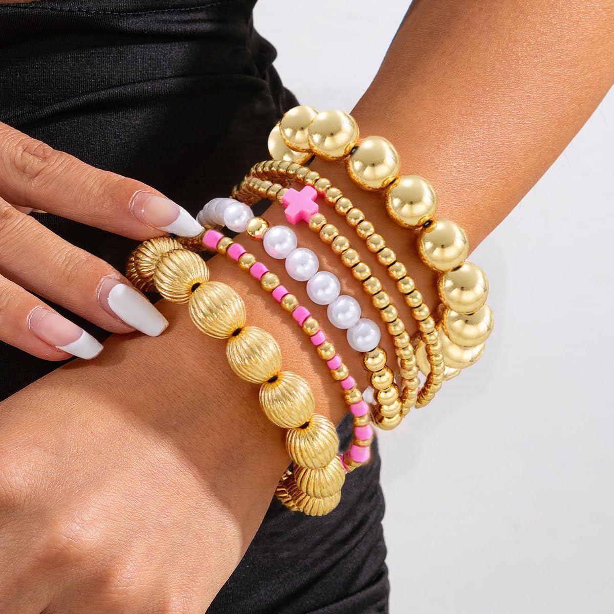 CJIAYUJEW Gold Beaded Bracelet Stack for Women Stretch Cross Pearl Black&gold Beaded Bracelets Set Stackable Jewelry - Image 3