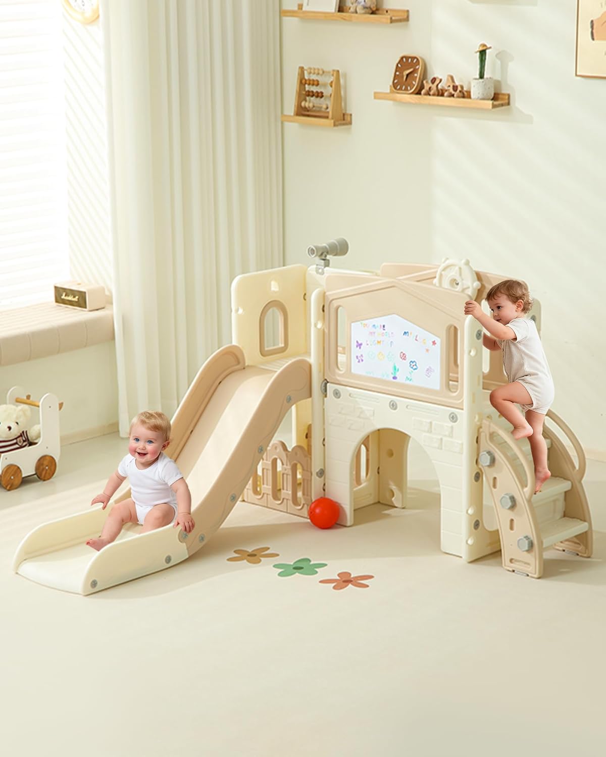 8 in 1 Toddler Slide,Kid Slide for Toddlers Age 1-3 with Drawing Board,Basketball Hoop,Telescope and Steeringwheel,Baby Climber Toddler Playground, Indoor Outdoor Playset Brown & White