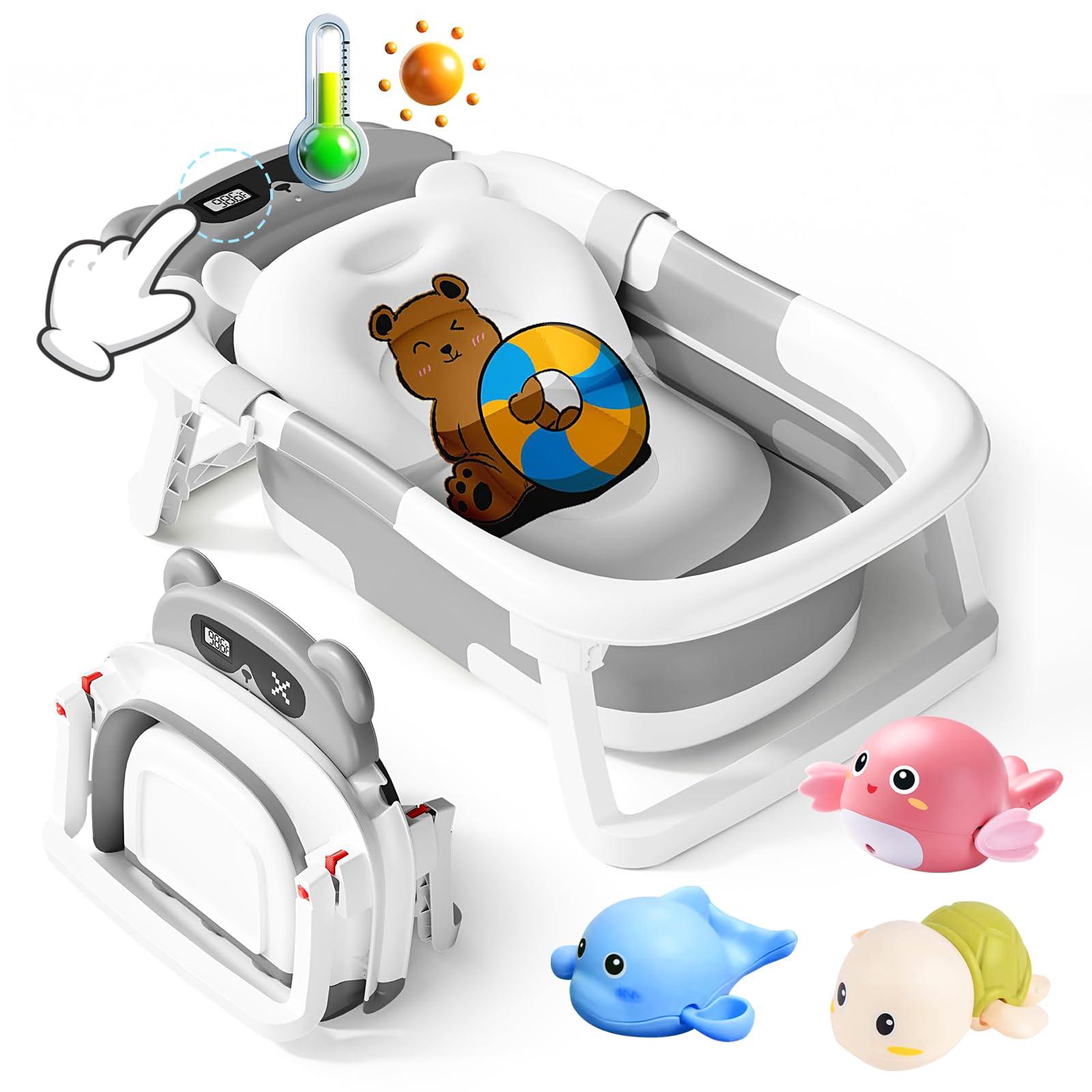 Bañera Bebé Plegable con Termómetro Integrado, Bañera Portátil Ergonómica con Patas Antideslizantes, Bañera Infantil Compacta para Recién Nacidos, Ahorro de Espacio para Casa y Viaje (Gris)