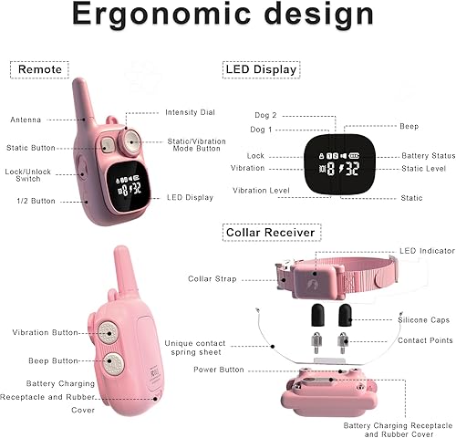 Miniatura 7 de Pikabiu Collar de choque para perro con control remoto de 1800 pies, collar eléctrico rosa ajustable recargable para perros pequeños, cachorros de 5