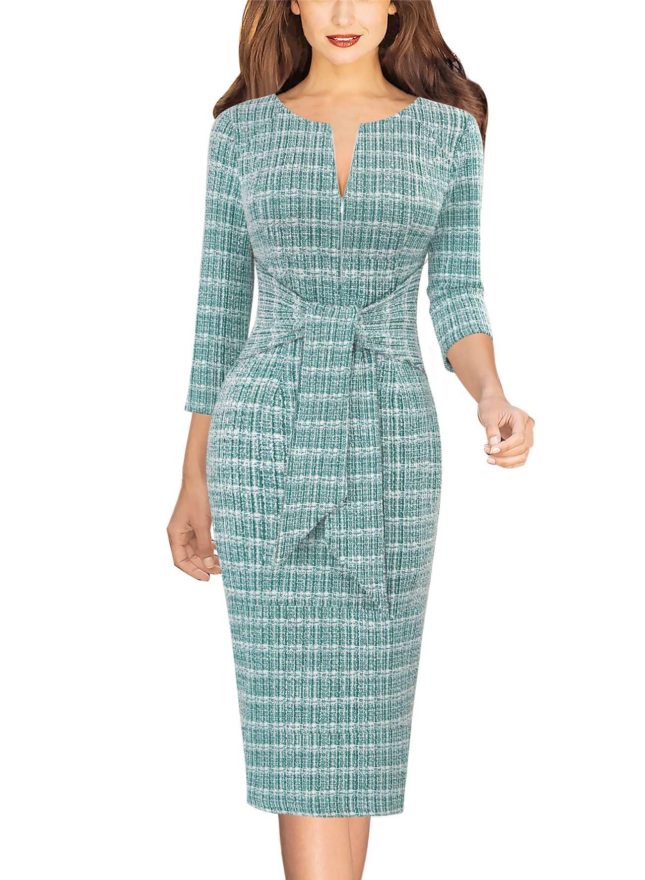 VFSHOW Womens Front Zipper Tie Waist Bow 3 4 Sleeve Slim Fitted Work Business Office Party Bodycon Pencil