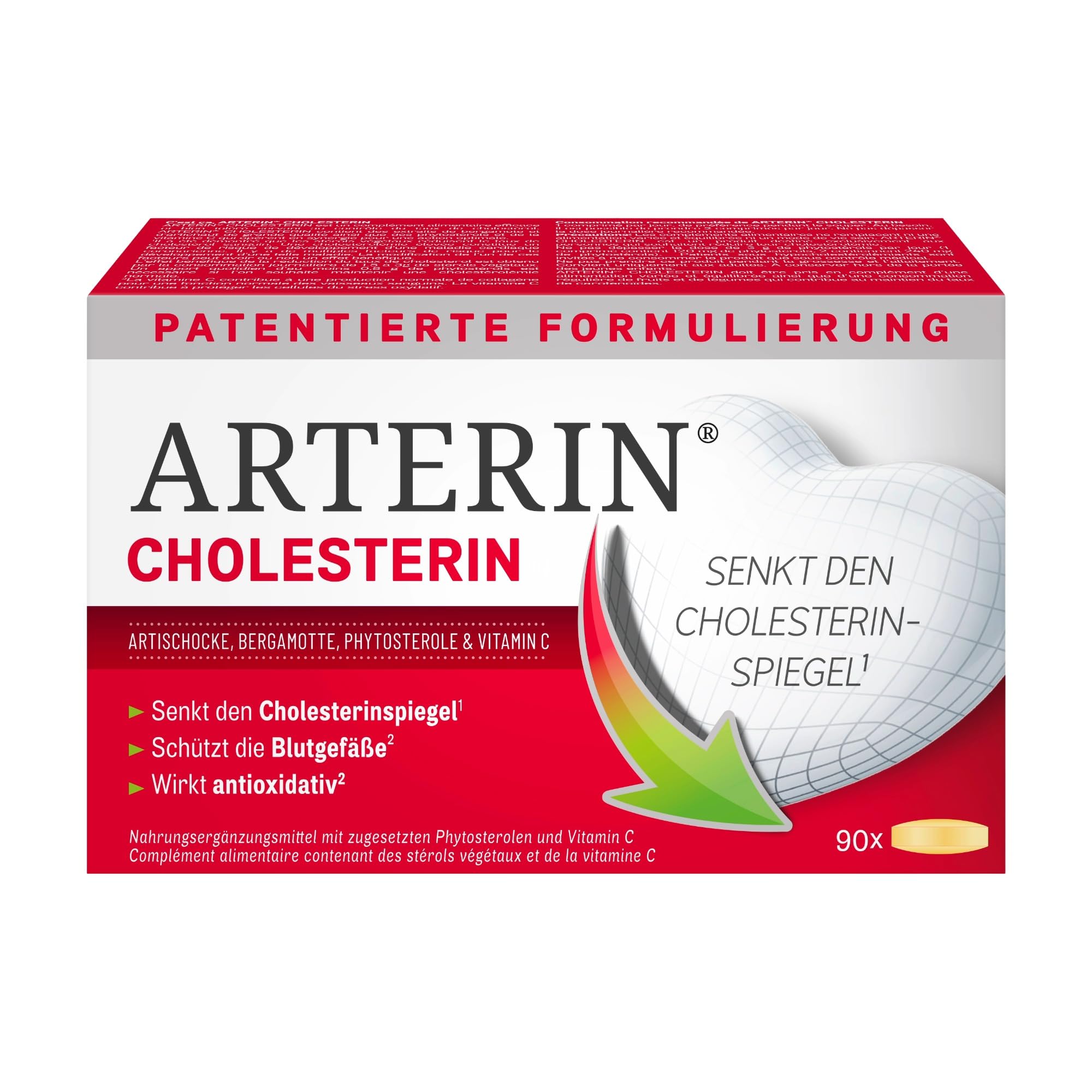 ARTERIN Cholesterin - senkt den Cholesterinspiegel(1) - 90 Tabletten | Veganes Nahrungsergänzungsmittel mit Phytosterolen & Vitamin C, antioxidativer(2) Cholesterinsenker, patentierte Formulierung