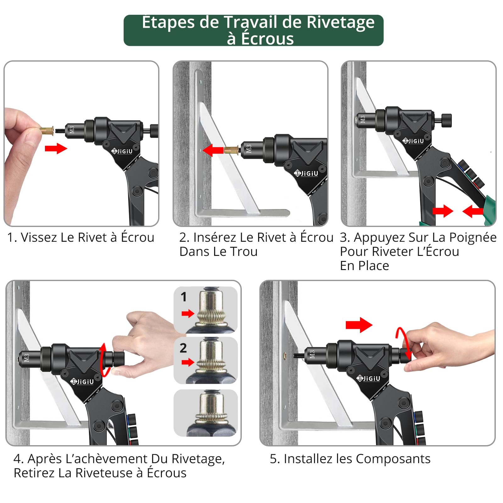 JiGiU Pince à Insert Fileté 3 en 1 avec Tête Pivotante à 360° | Pistolet à Écrou Professionnelles, avec 4 Tête de Rivet Mandrins Métriques et 2 Mandrins d'Alésage, 40 Rivets et 40 Écrous