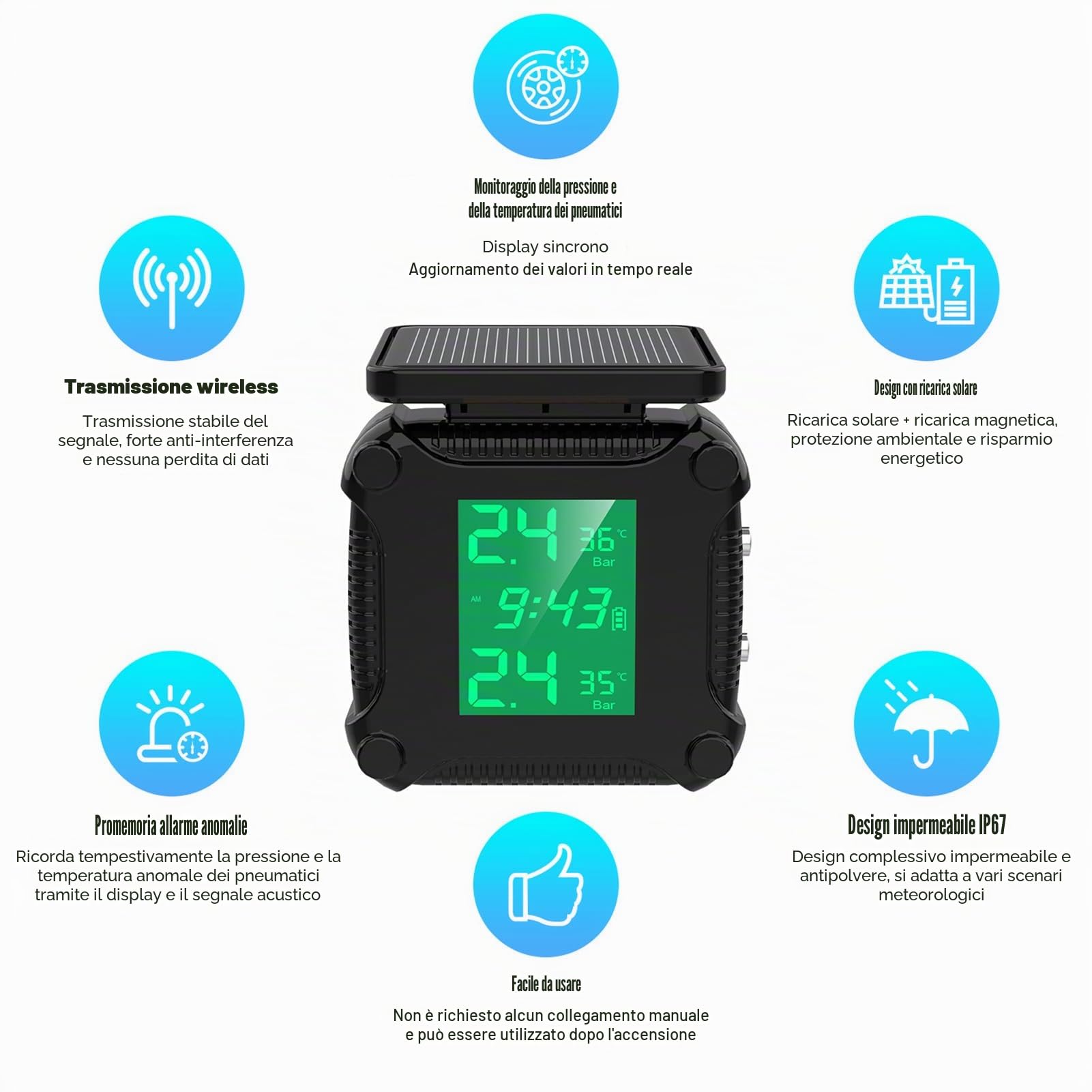 Shkalacar Moto Sistema di Monitoraggio della Pressione dei Pneumatici, Ricarica Solare Allarme Pneumatici Moto Impermeabile con Ampio Schermo LCD 2 sensori Esterni