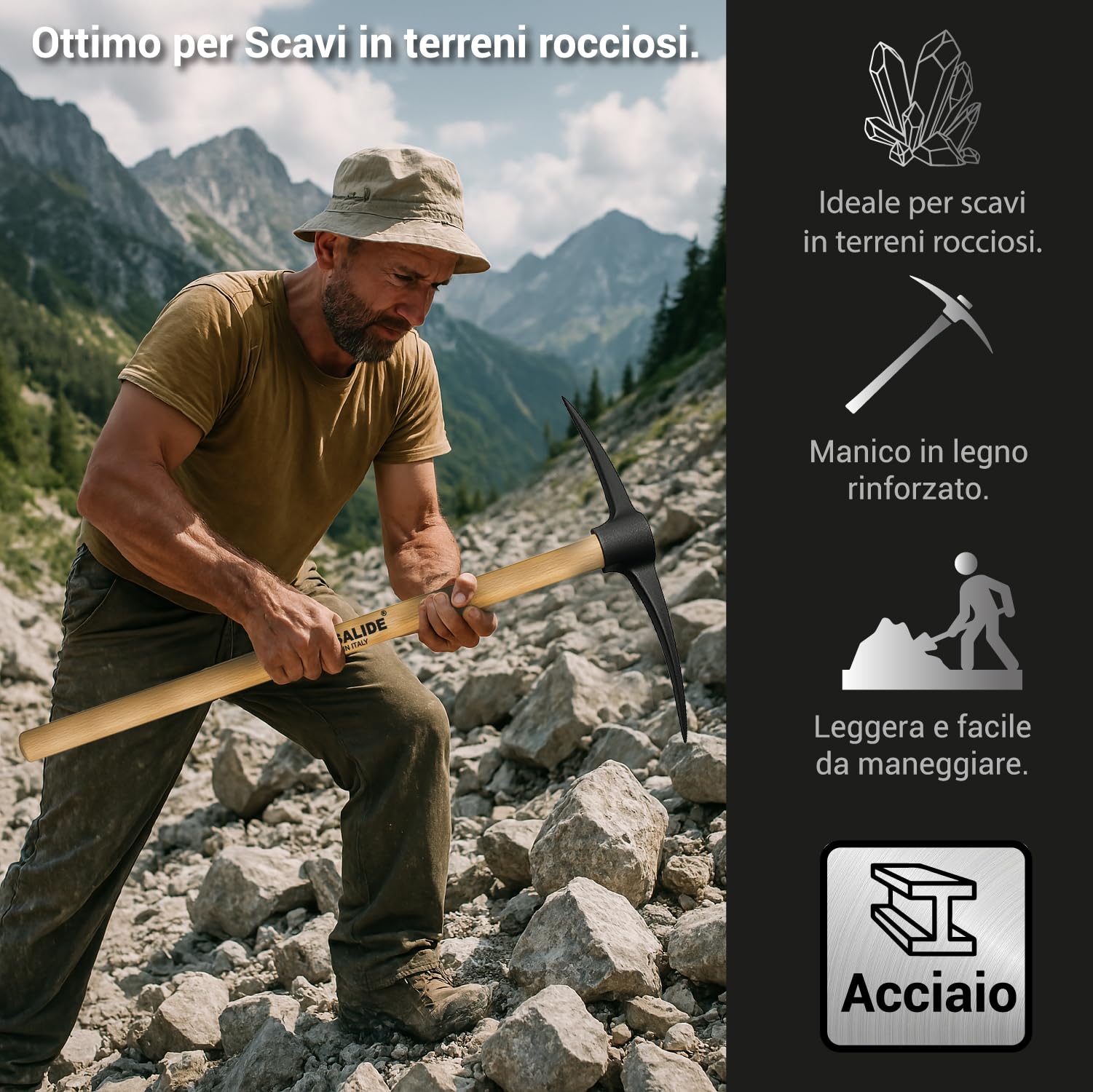Crisalide® Set d'outils Pelle et Picone – Pelle en acier renforcé 40 x 29 cm avec poignée hêtre 135 cm + pic 47 cm en acier trempé – outils de creusement résistants pour sols durs et rocheux.