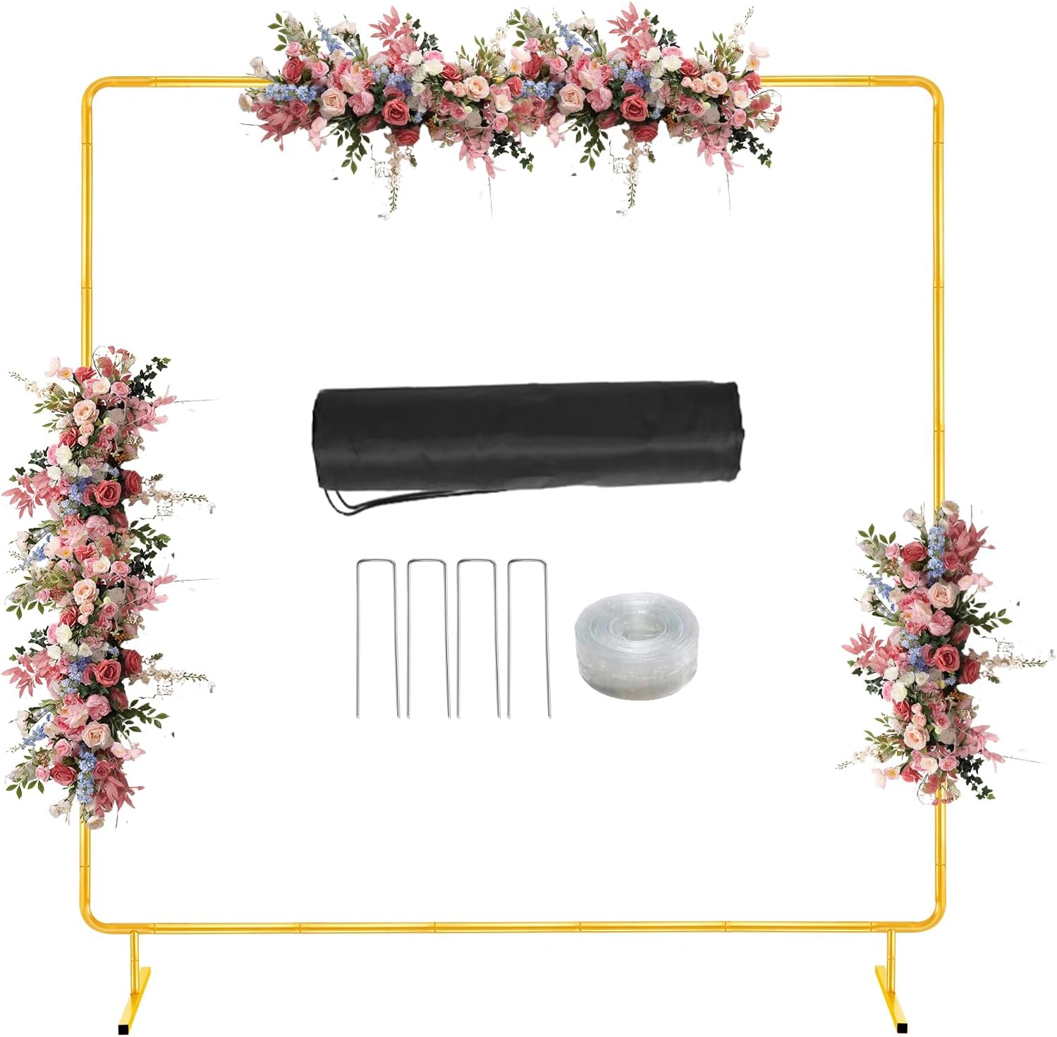 Metal Wedding Arch Backdrop Stand for Parties 6.6FT Gold Balloon Square Arch Square Frame Kit Pipe and Drape Stand Floral for Ceremony, Wedding, Baby Shower, Birthday Party, Flower Wall Decoration Gold 6.6FT