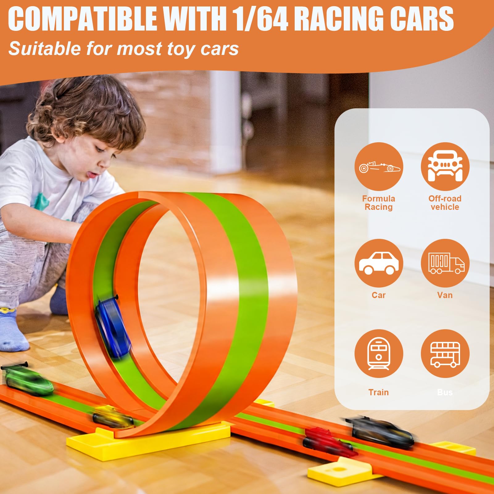 Car Racing Track for Children 5 m, Racing Track Car Toy with 6 Cars, Color box, Racing Track Children with Ramp Catapult, Portable Toy, Three-Track Car Racing Track from 3 Years
