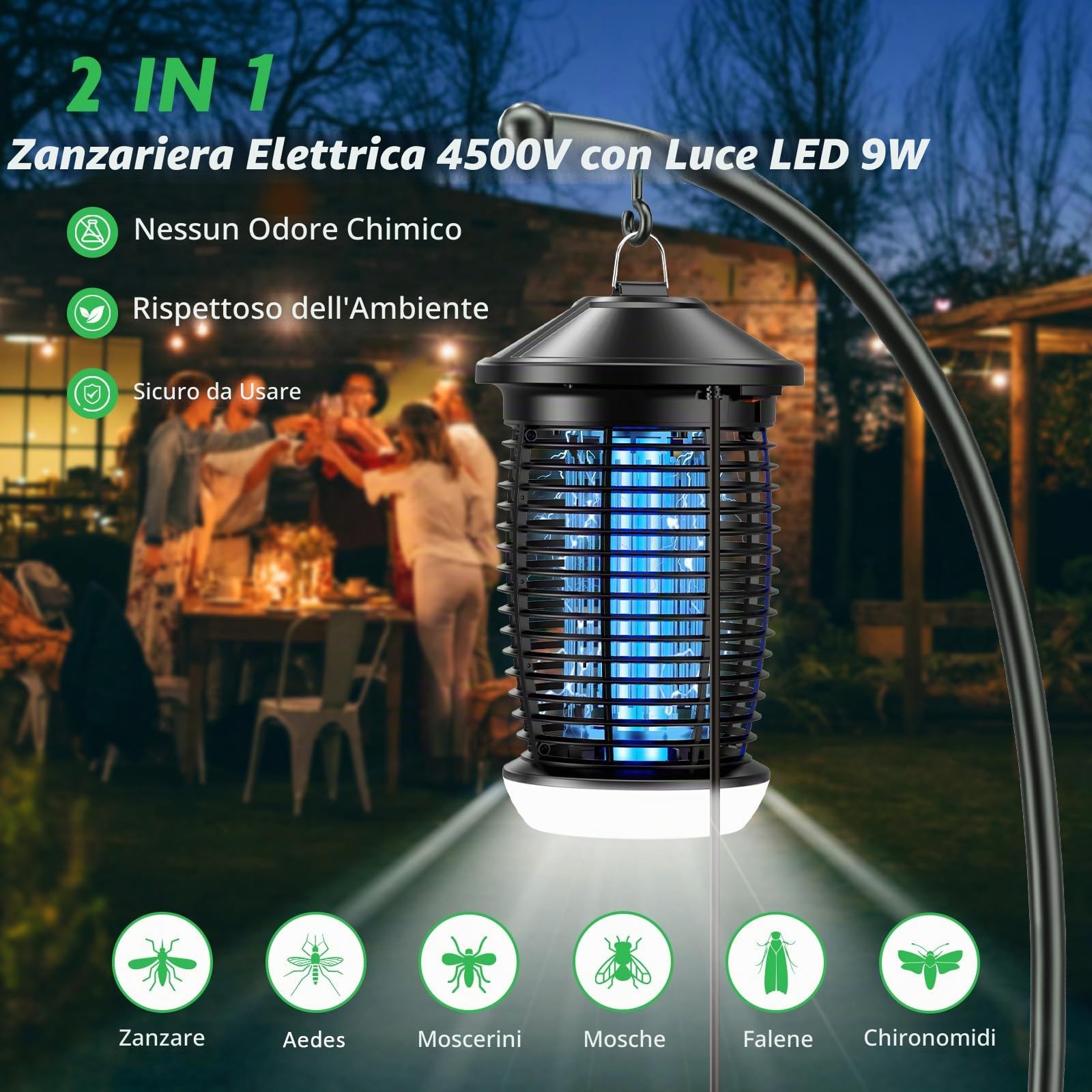 PALONE Lampada Elettrica Antizanzare 4500V, Lampada Insetticida per Insetti Volanti con Luce UV 20W e LED 9W, Cavo 1 M per Interni/Esterni - Ecologico per Cucina e Giardino