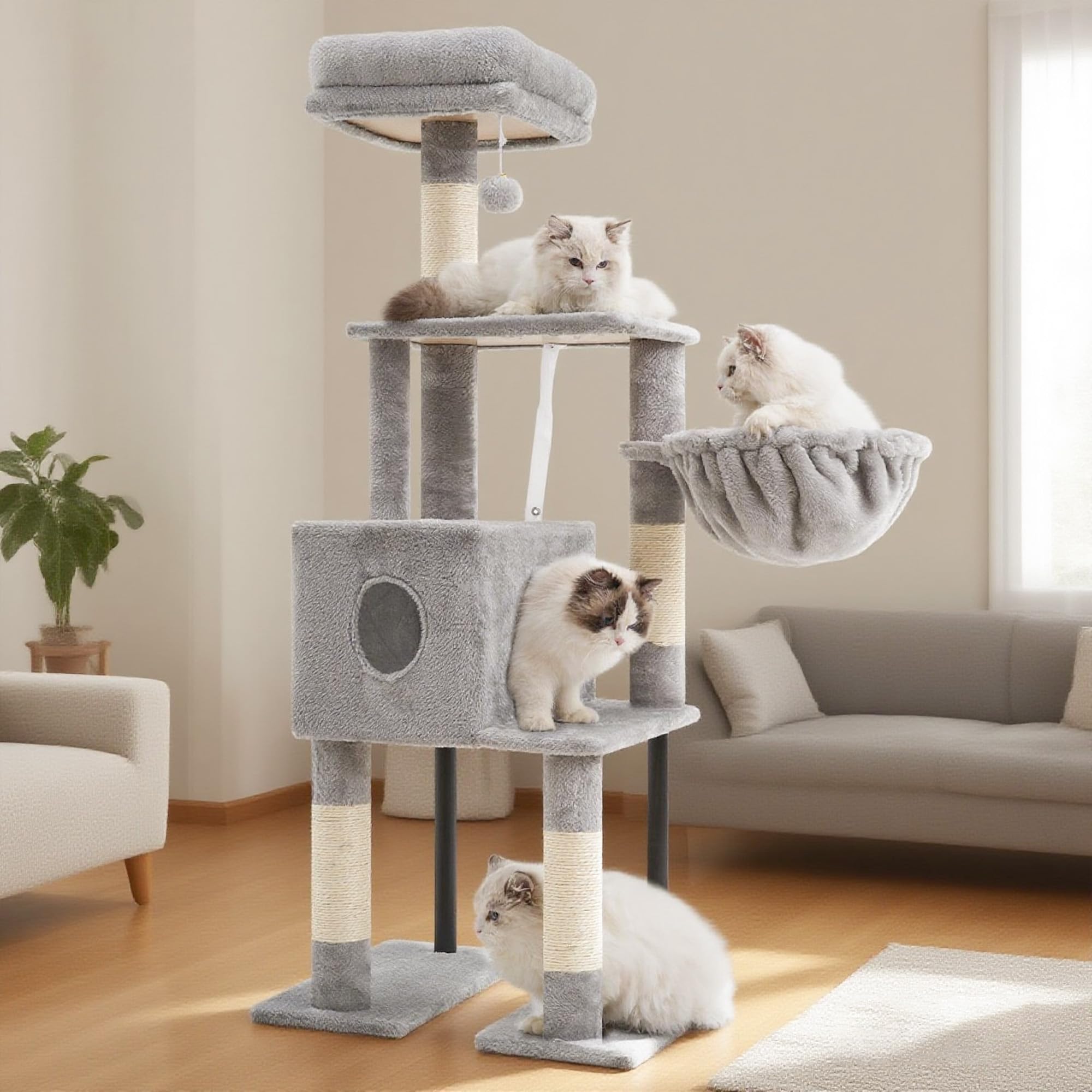 Heybly Albero Tiragraffi Per Gatti Alto 125 cm, Torre Per Gatti Spaziosa E Confortevole Con Tana, Due Ampie Piattaforme, Tiragraffi In Sisal, Cestino, Robusti Tubi In Acciaio, Grigio Chiaro HCT200SW-