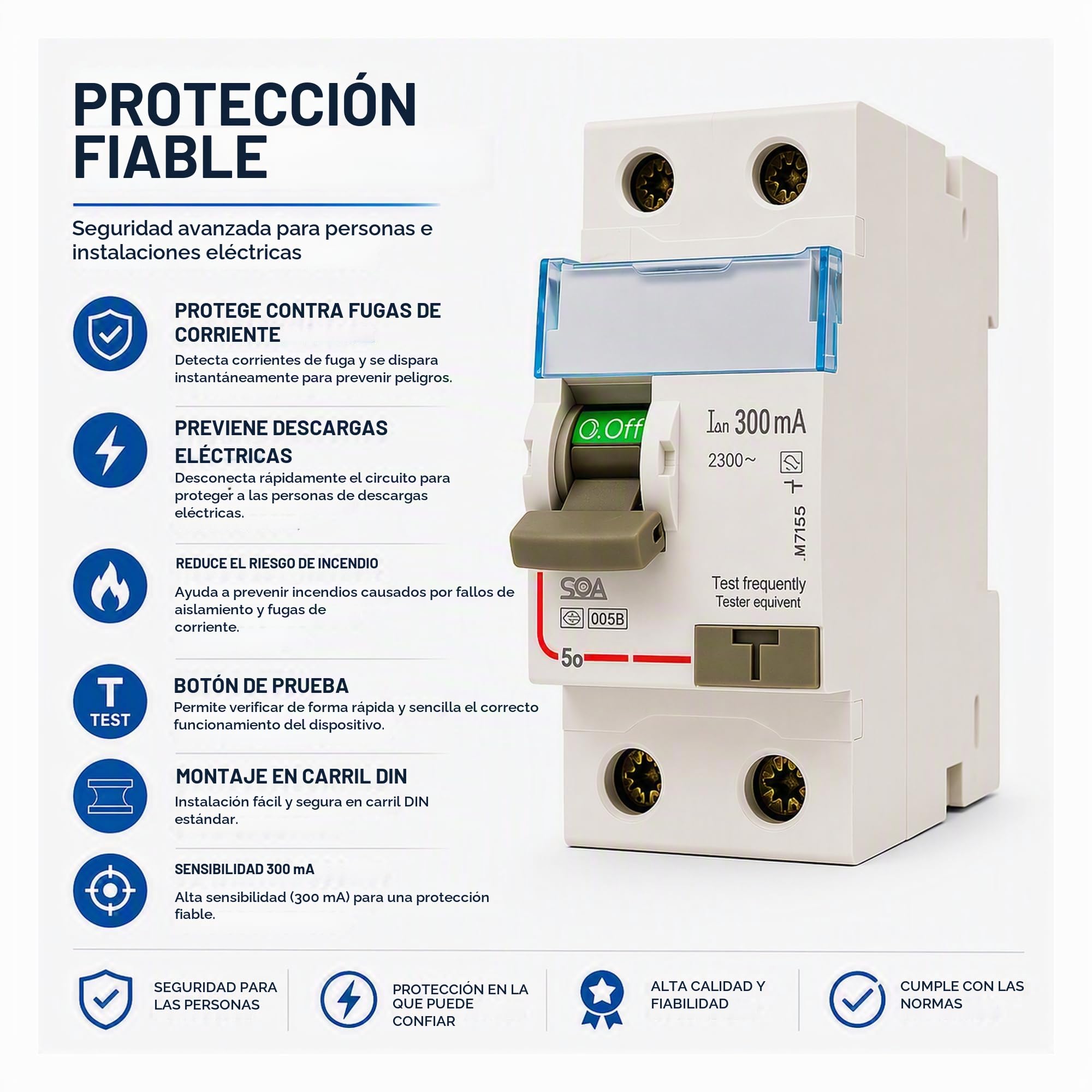 Interruptor Diferencial 300mA 63a, 230V, 2 Polos, RCCB, Protección Eléctrica con Botón de Prueba, Protección Sobrecorriente y Fugas.