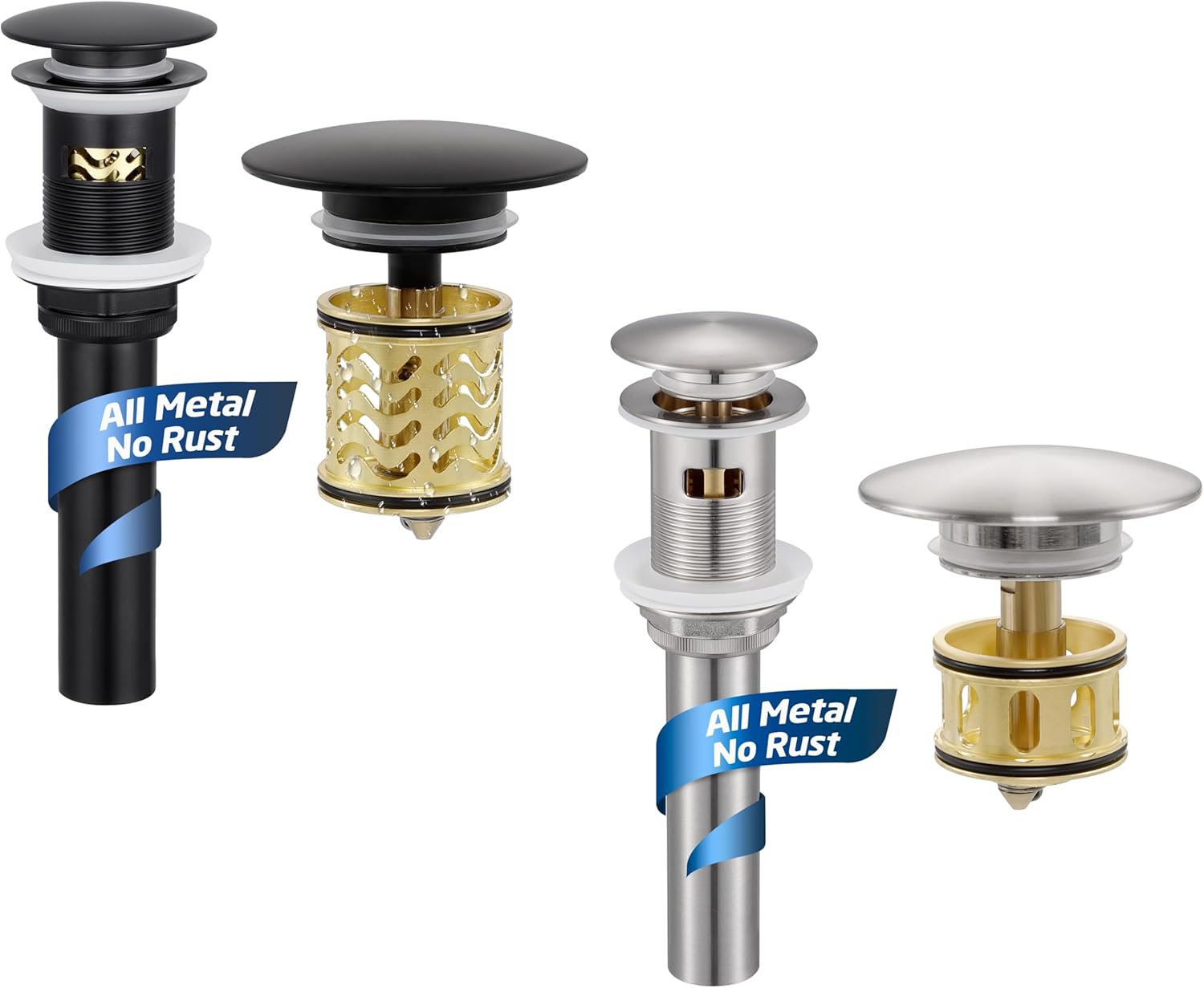 keink Brushed Nickel Pop Up Drain with Anti-Clog Hair Catcher and Black Bathroom Sink Drain with Anti Clog Basket All Metal Vessel Sink Stopper with Overflow, S20002A-BK+S20001A-BN