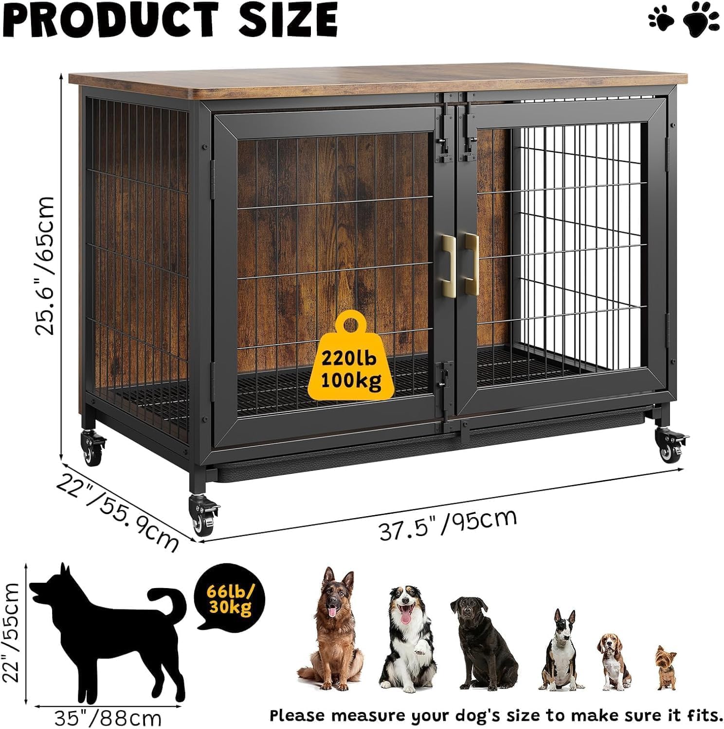 Cage pour chien de grande taille 95 cm - Caisses en bois XL - Cage d'intérieur avec roues verrouillables - Meuble robuste pour animaux de compagnie de petite à moyenne taille - 95 x 65 x 60 cm