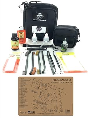 RangeMaster Elite EDC Bag Gun Cleaning Kit- Compatible for Springfield Armory XDs Mod2 Tan - Schematic Mat with Hoppes Gun Oil No.9 Solvent & Patches Clenzoil CLP 10 Pc Cleaning Accessories Set
