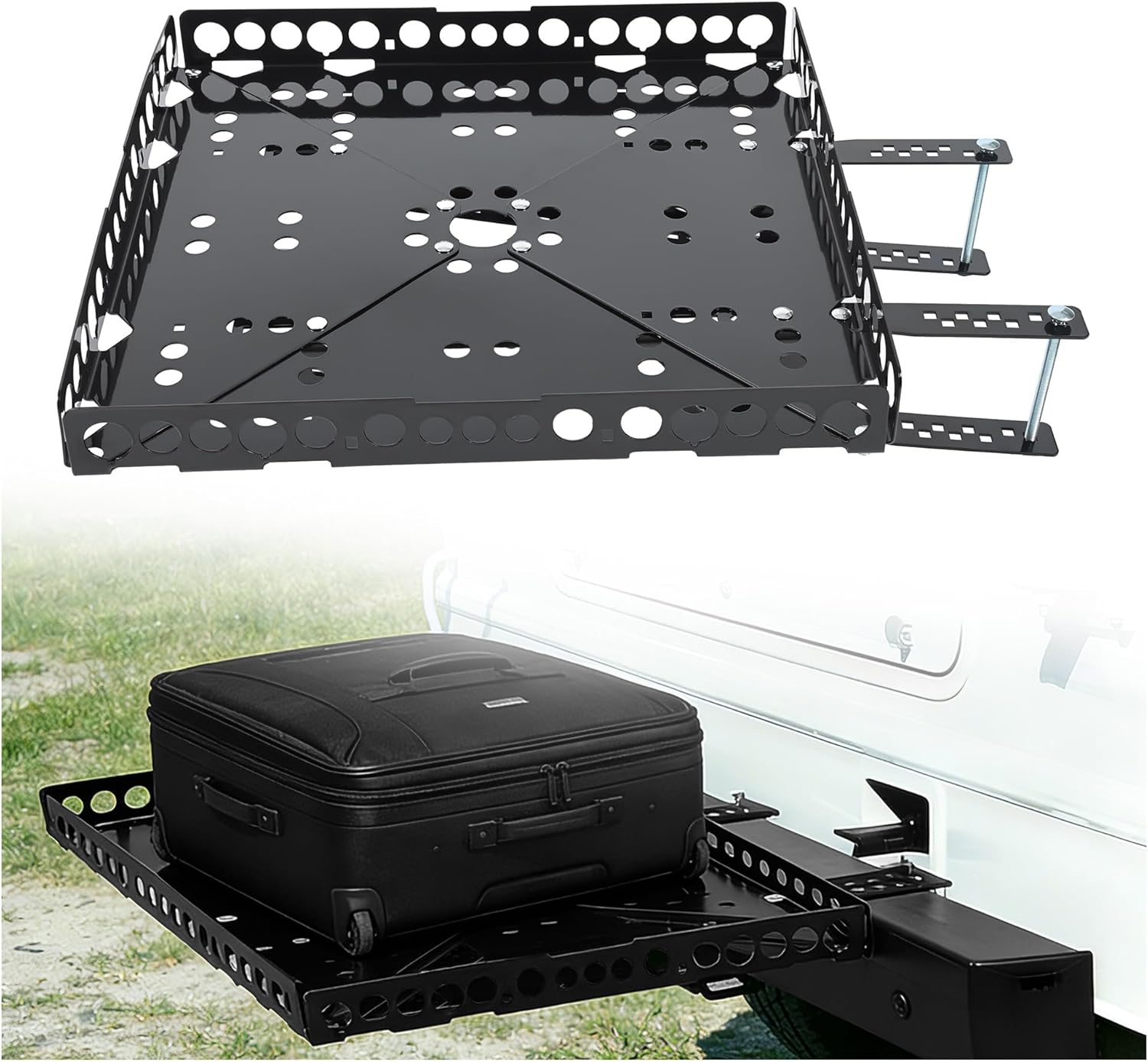 KUAFU RV Cargo Carrier Universal for RVs Campers Trailers Tray Generator Rear Bumper Cargo Luggage Basket Rack Assembly Weighs 15 Pounds and Carries 200 Pound-Feet (Black)