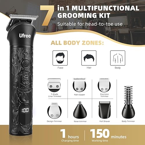 Miniatura 2 de Ufree Recortadora de barba para hombres, afeitadoras eléctricas, cortadora de pelo inalámbrica, kit de aseo de barba 7 en 1 para bigote, cuerpo,