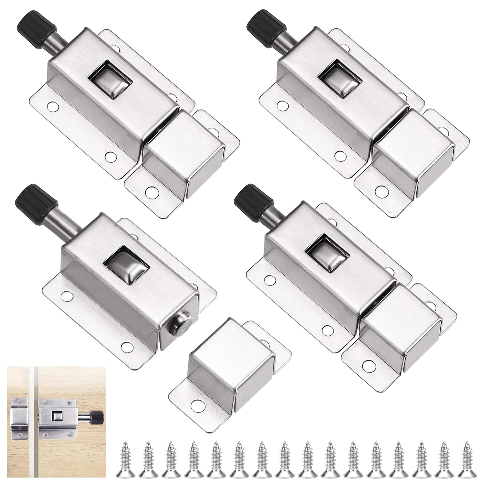 4 Pezzi Chiavistello a Molla con 24 Viti, Serratura a Molla in Acciaio Inox | Chiavistello con Molla, Bullone Serratura Porta, Pestillo Puerta per Camere da Letto, Armadi, Persiane, Porte del Giardino