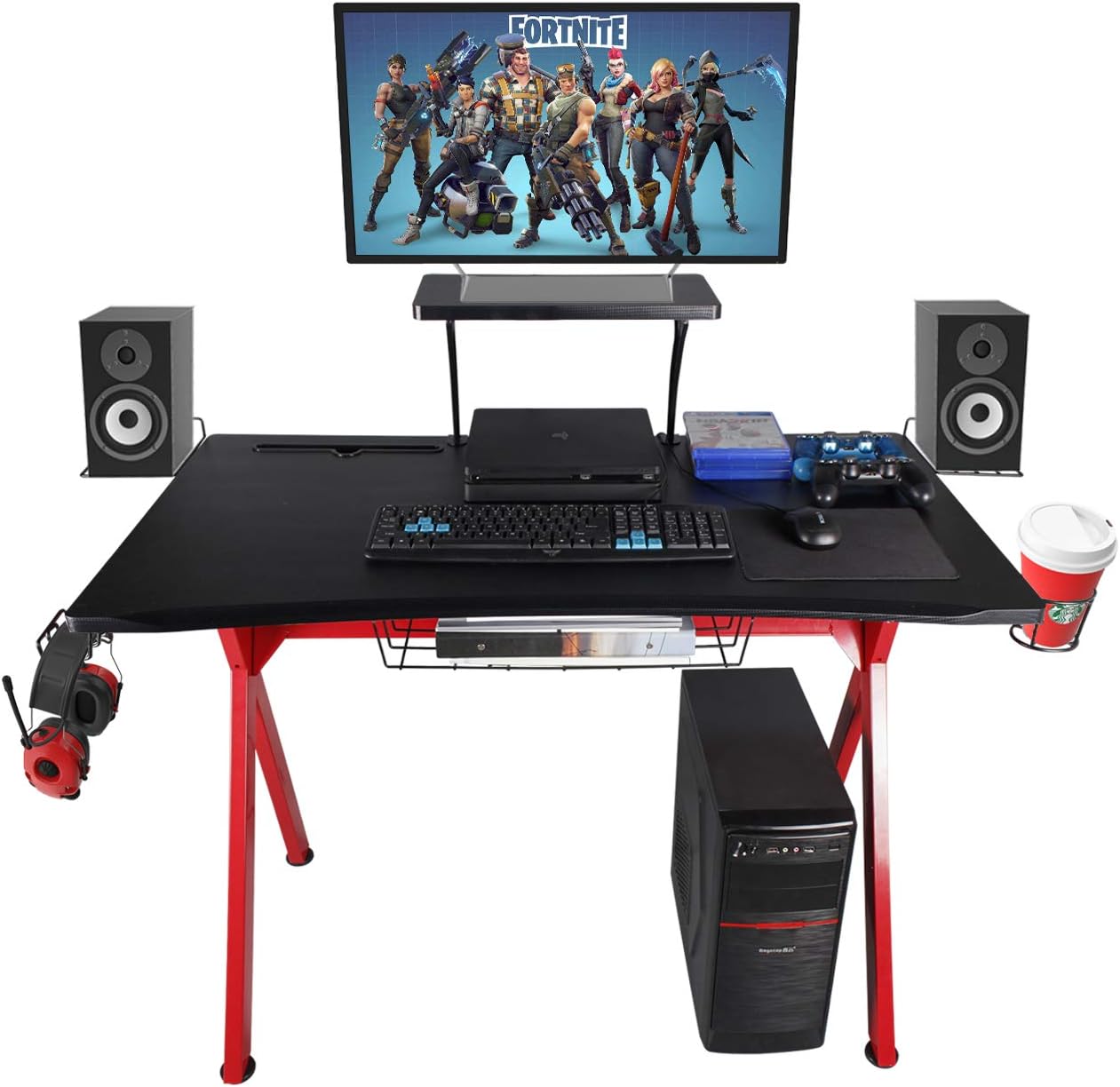 LAZZO Gaming Desk 41" Gaming Table Home Computer Desk with Display Support Plate, Cup Holder and Headphone Hook,Gamer Workstation Game Table, Curved Front Desktop,Red & Black Design(41" Wx23.5 D)
