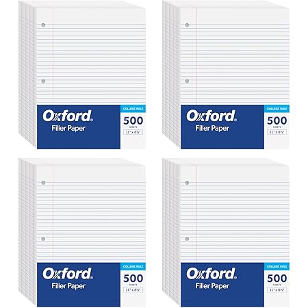 Oxford Filler Paper, 8-1/2" x 11", College Rule, 3-Hole Punched, 2,000 Sheets of Loose-Leaf Paper for 3 Ring Binders, 4 Packs of 500, White (62331)