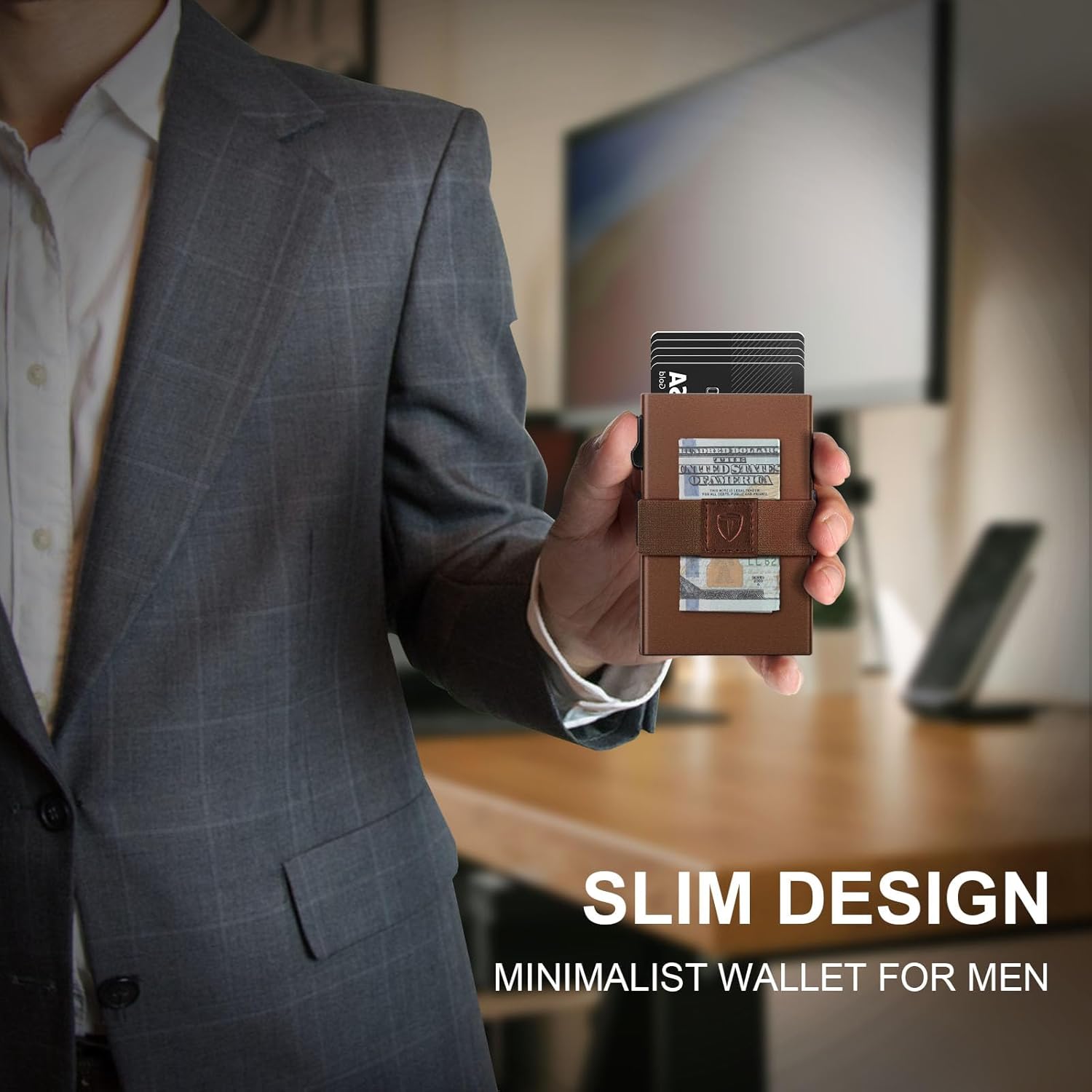 Minimalist Wallet for Men,Slim Wallet Compatible with AirTag,Card Holder Metal Wallet,Pop Up Wallet,Metal Card Holder,Quick Access Card,Rfid Blocking Protection,Hold 12+ Credit Cards (Brown) - Image 2