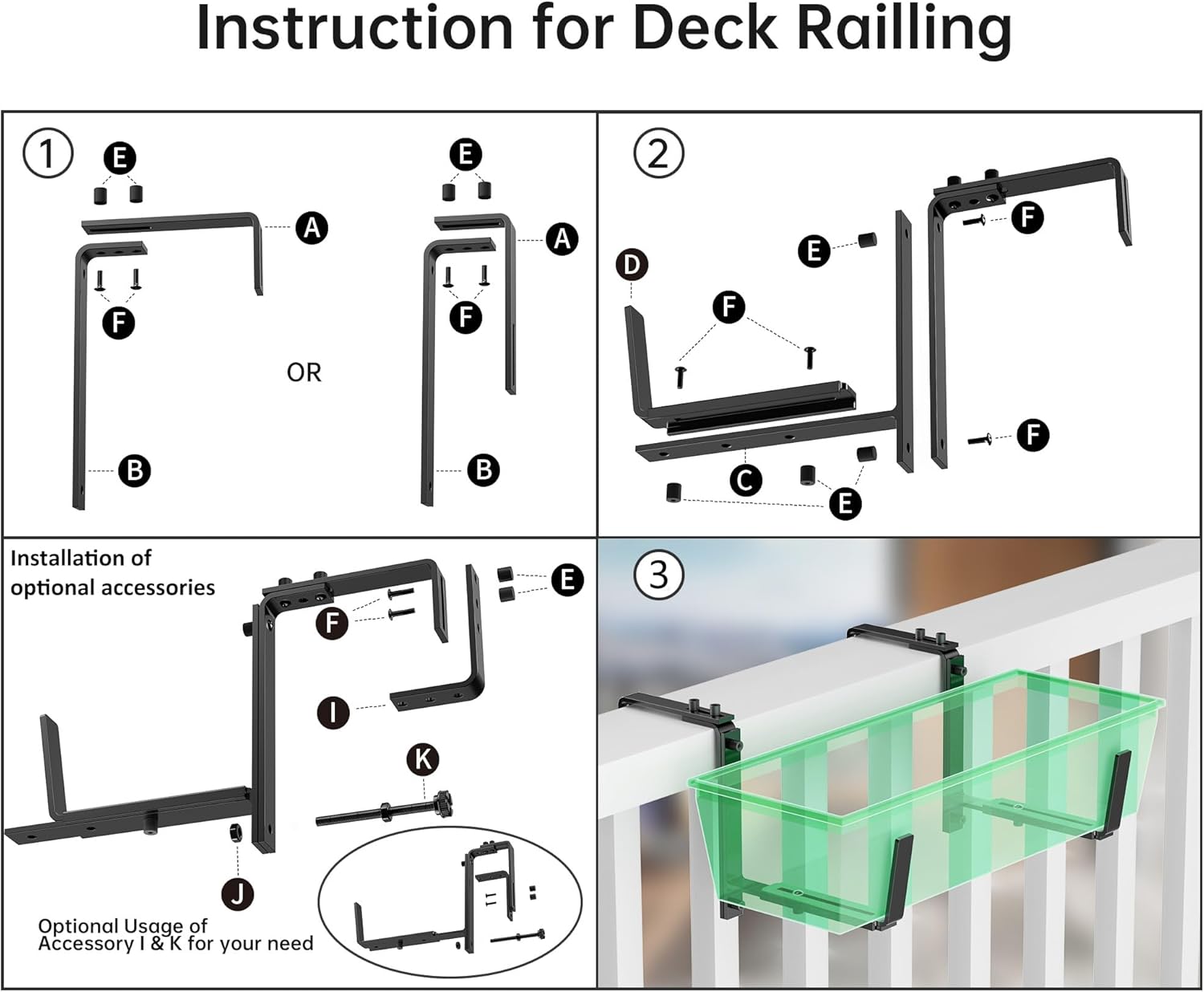 Y&M 6 Pcs Deck Railing Adjustable Planter Box Brackets (6 to 12.5 in), Universal Heavy Duty Iron Flower Box Brackets Wall Mounting Hooks for Fences, Patio, and Garden - Black (Patent Registered)